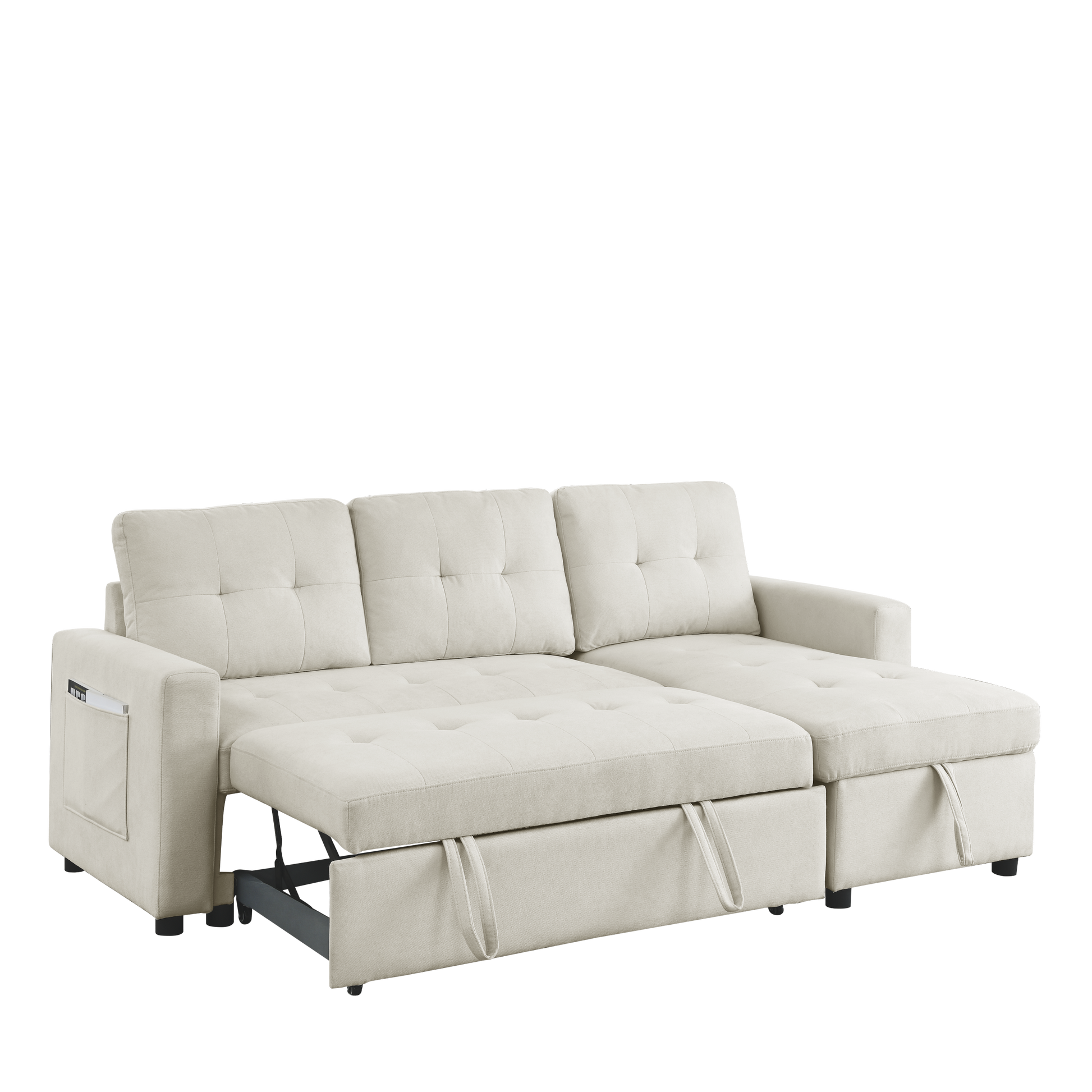 Mh 78.5" Sleeper Sofa Bed Reversible Sectional Couch With Storage Chaise And Side Storage Bag For Small Space Living Room Furniture Set Beige Primary Living Space Eucalyptus Polyester Fabric 3 Seat