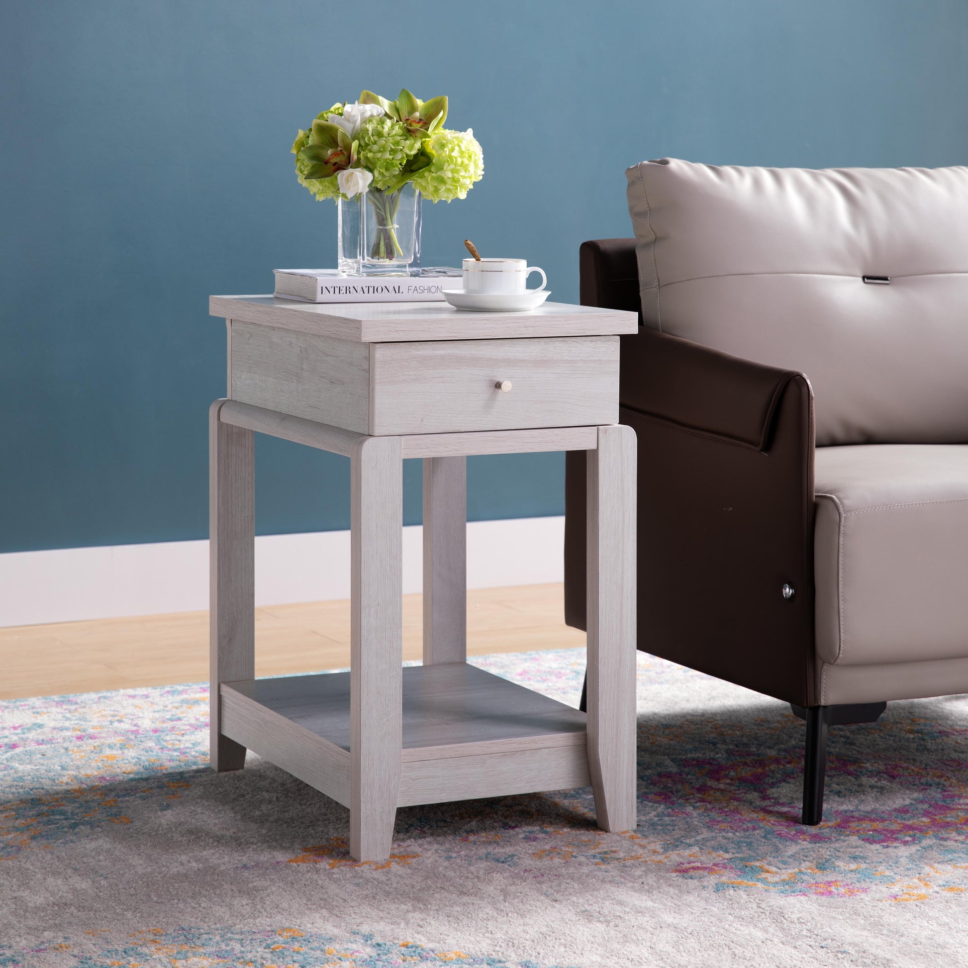 Chair Side End Table With One Drawer And Bottom Shelf, Accent Table White Oak White Oak Particle Board