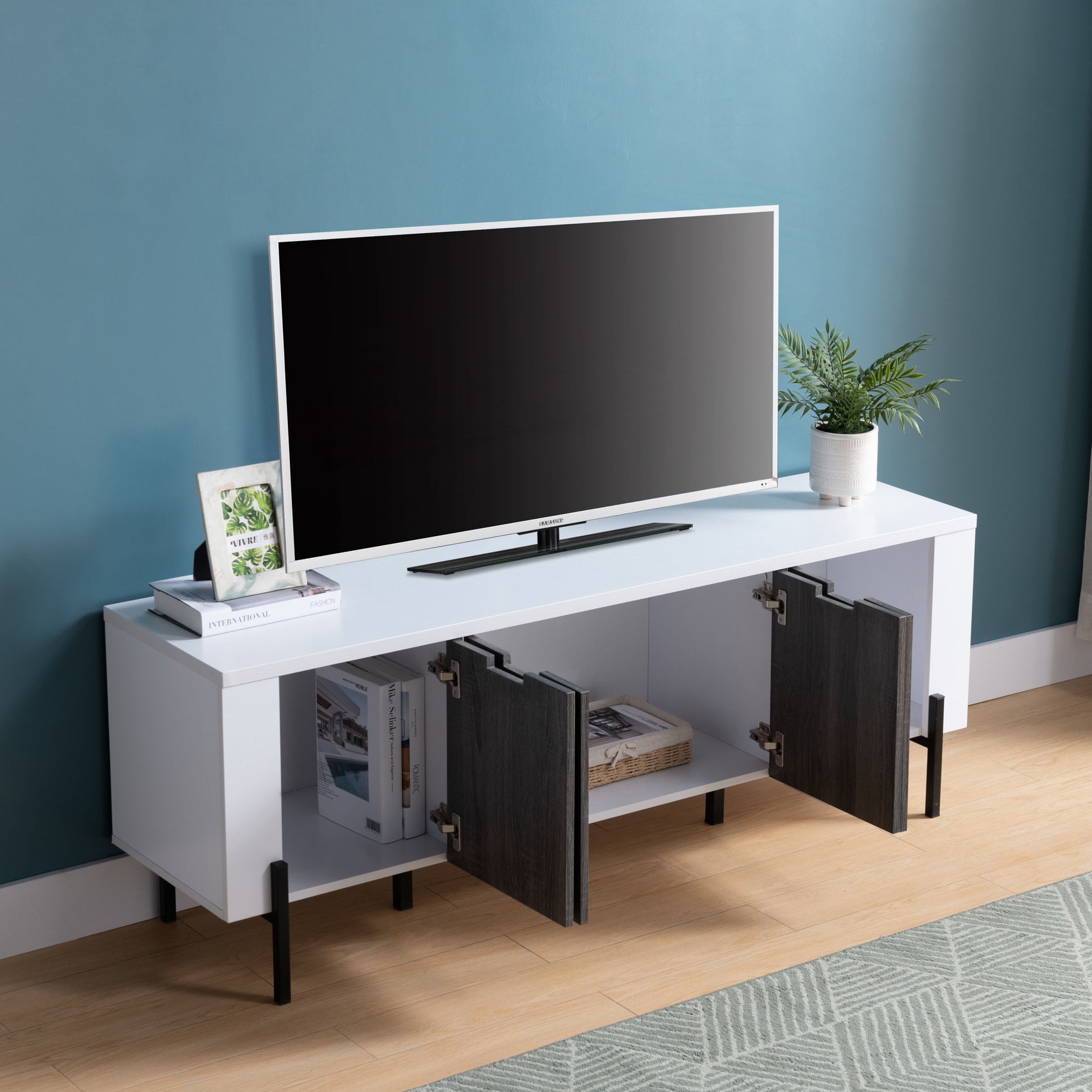 60" Two Toned Tv Stand With Four Cabinet Doors, Storage Cabinet White & Distressed Grey White 50 59 Inches Particle Board