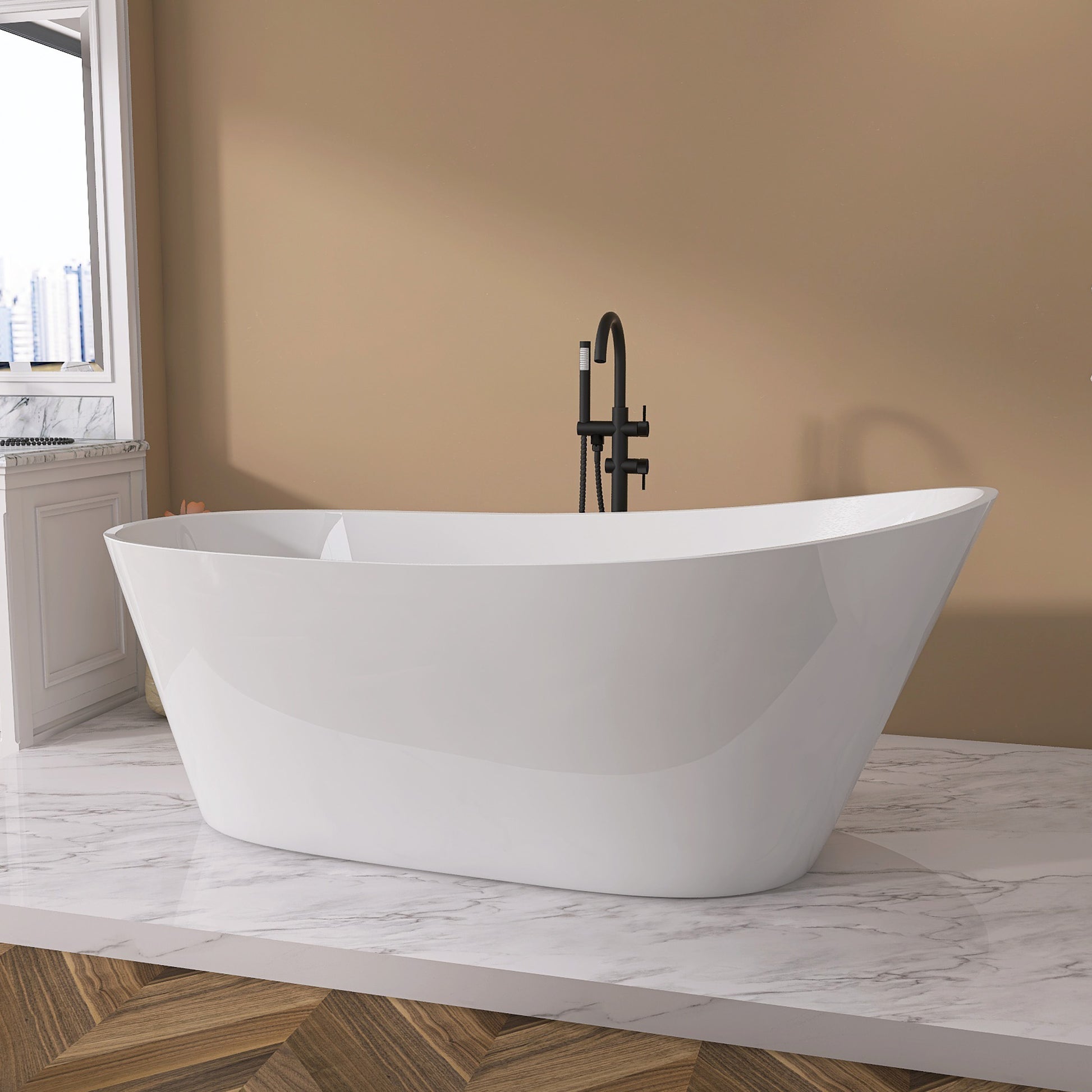 67" Acrylic Free Standing Tub Classic Oval Shape Soaking Tub, Adjustable Freestanding Bathtub With Integrated Slotted Overflow And Chrome Pop Up Drain Anti Clogging Gloss White Gloss White Oval Bathroom Freestanding Tubs Polished 61 69 In Modern Soaking