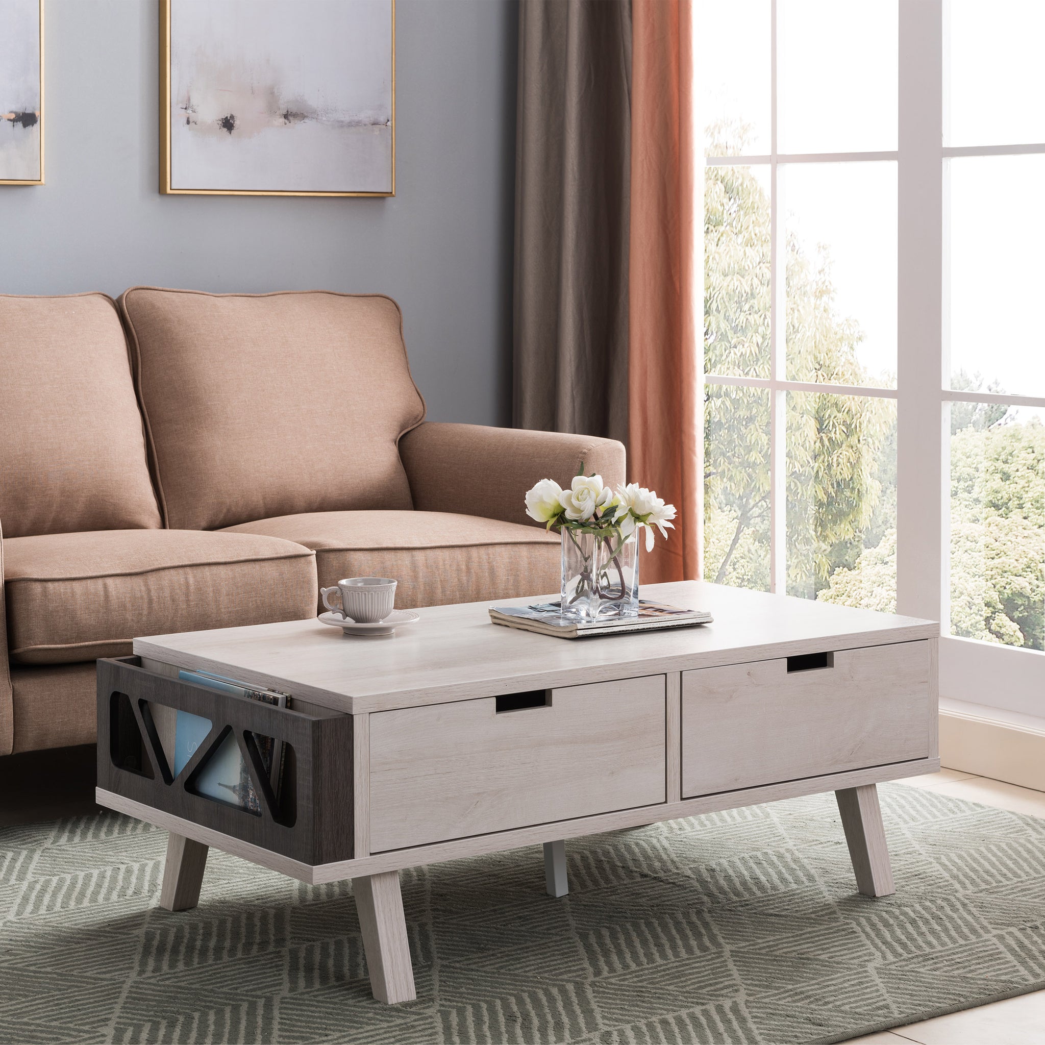 Antique Wood Coffee Table, Living Room Table With Two Storage Drawers, White Oak & Distressed White Oak Particle Board