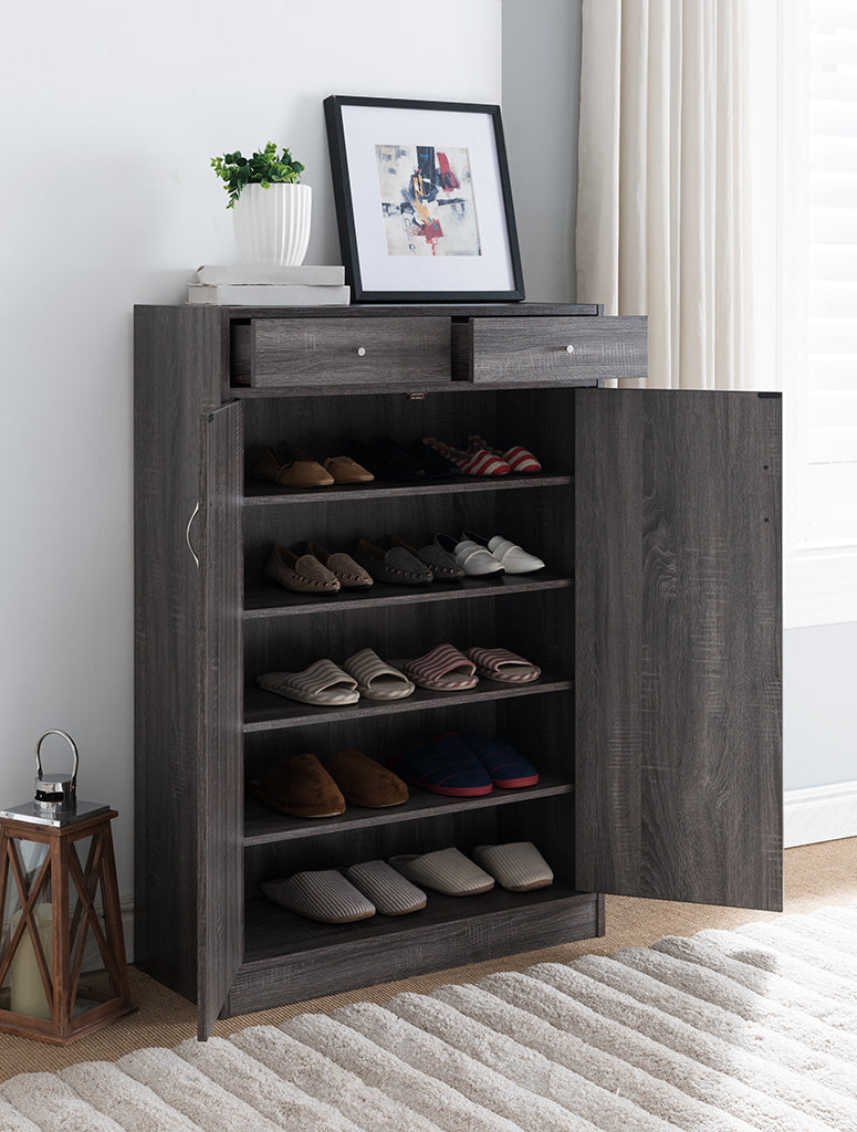 Shoe Cabinet, Two Door Storage Cabinet With Two Drawers, Fits 15 Pair Of Shoes Distressed Grey Grey Particle Board