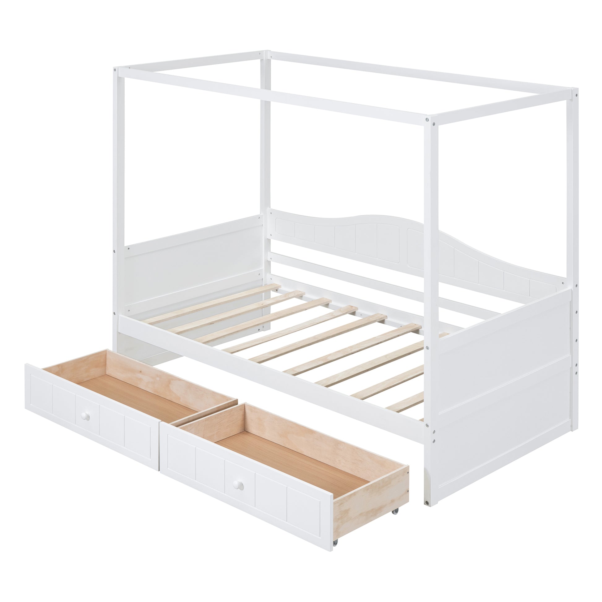 Twin Size Canopy Day Bed With 2 Drawers, White White Solid Wood Mdf