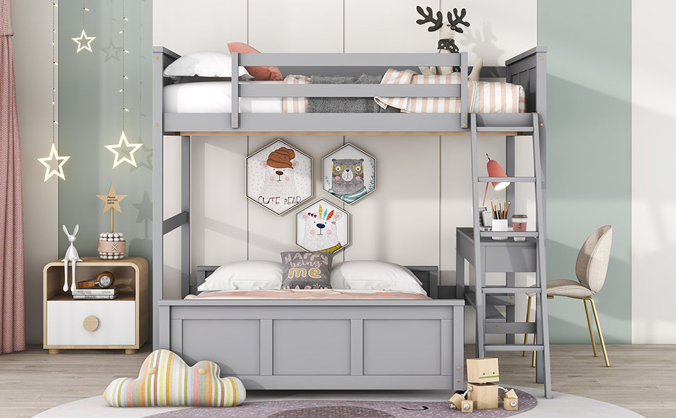 Full Over Full Bunk Bed With Desk, Gray Gray Solid Wood Mdf