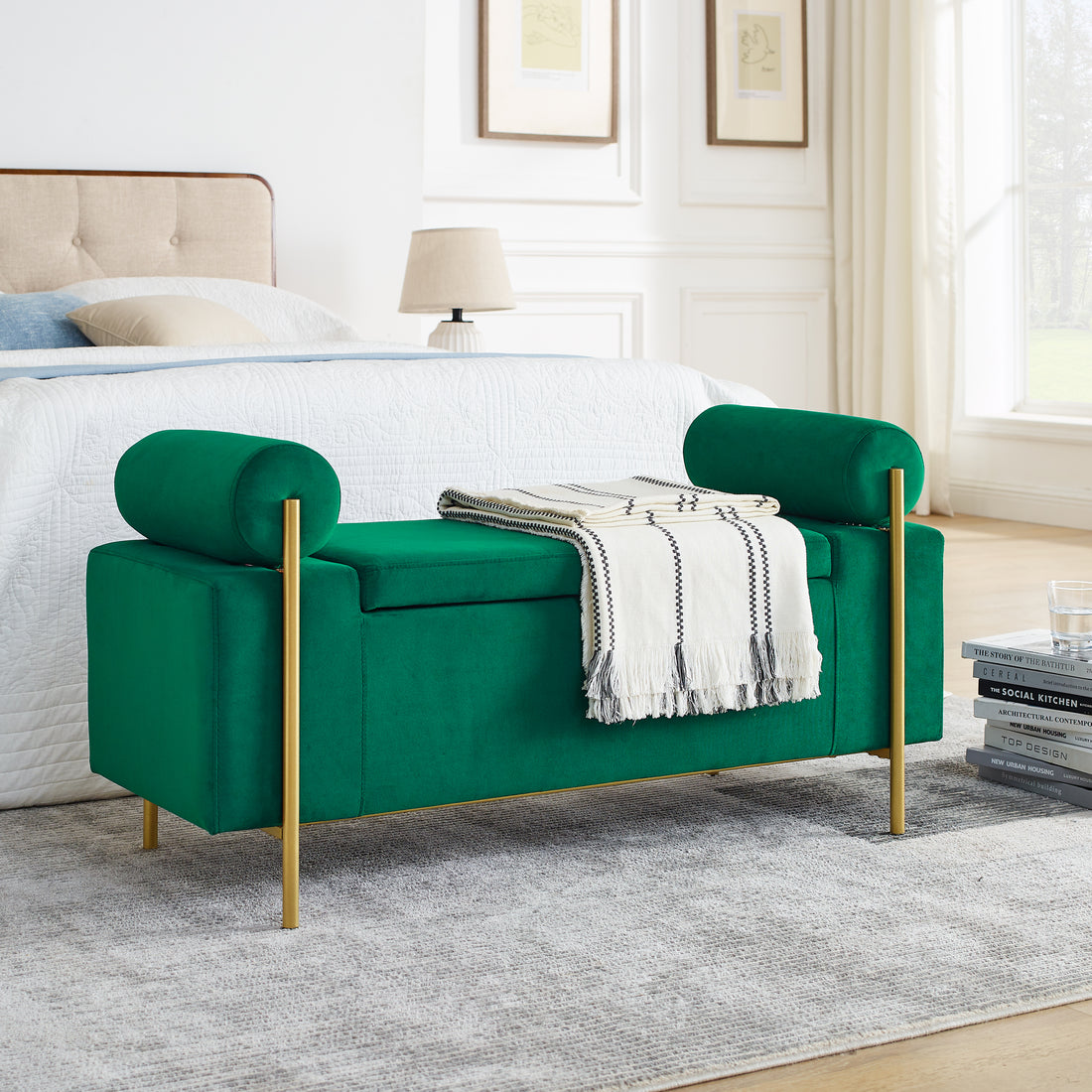 Elegant Upholstered Velvet Storage Bench With Cylindrical Arms And Iron Legs For Hallway Living Room Bedroom, Green Green Foam