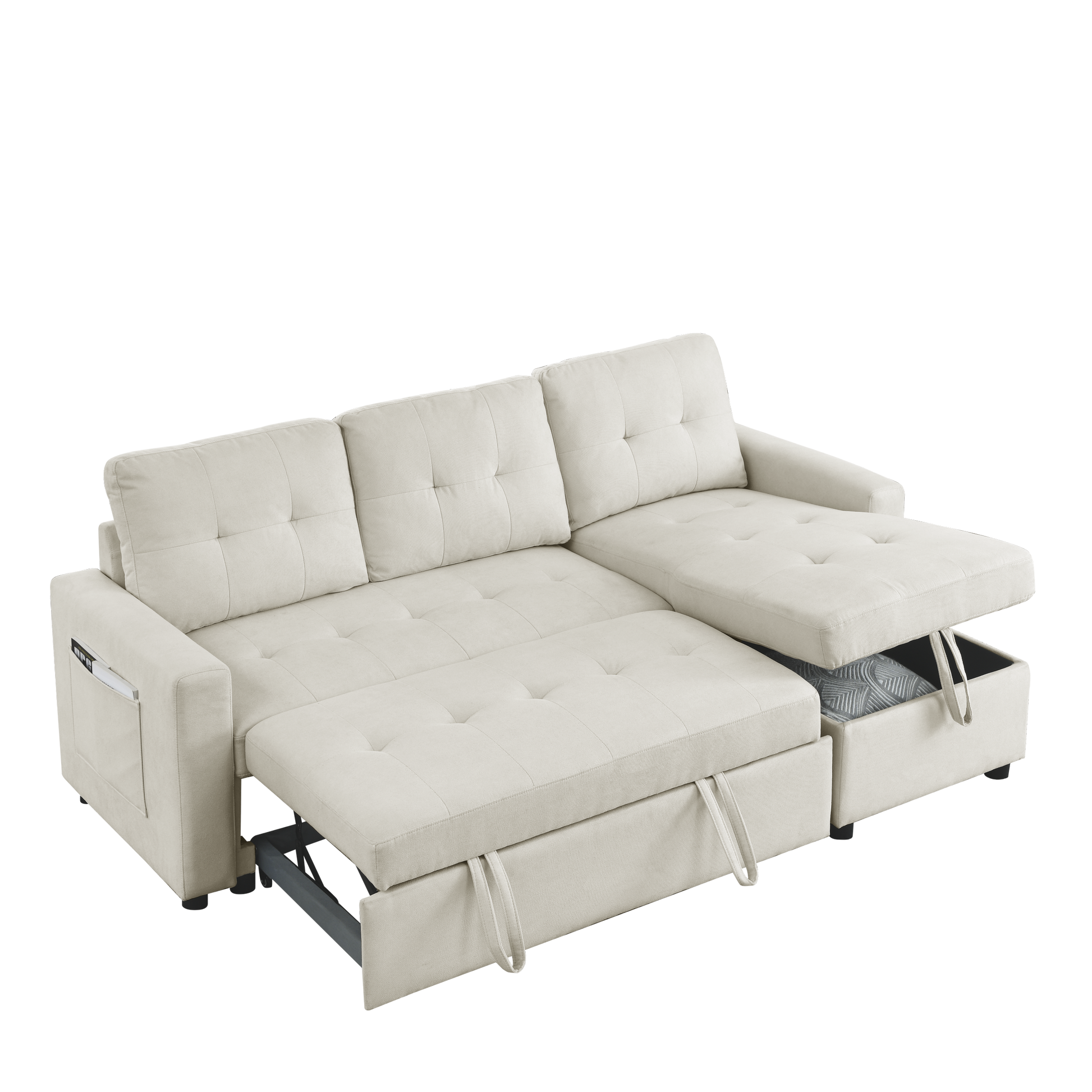 Mh 78.5" Sleeper Sofa Bed Reversible Sectional Couch With Storage Chaise And Side Storage Bag For Small Space Living Room Furniture Set Beige Primary Living Space Eucalyptus Polyester Fabric 3 Seat