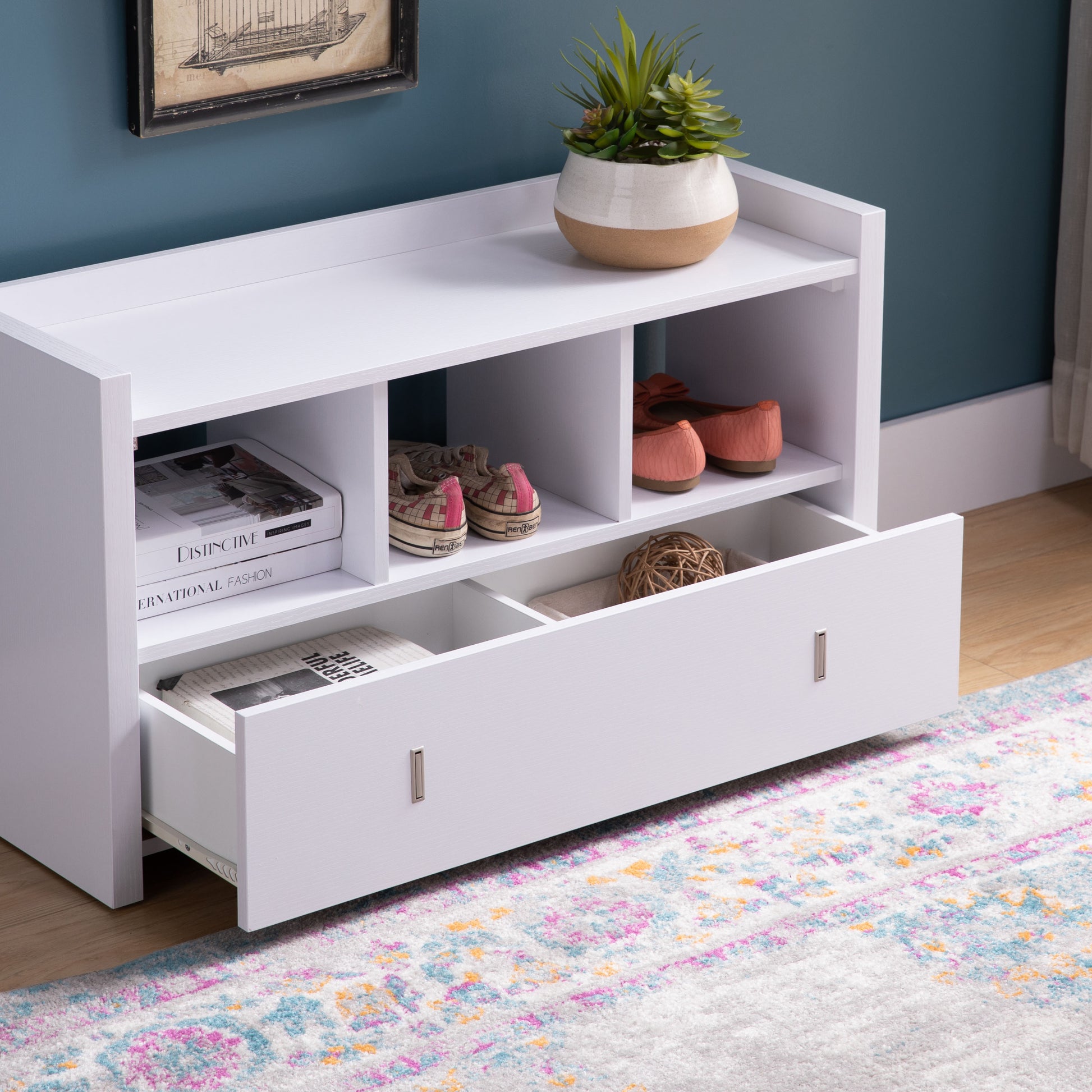 White Entryway Shoe Bench, Three Shelves Organizer With Storage Drawer White Particle Board