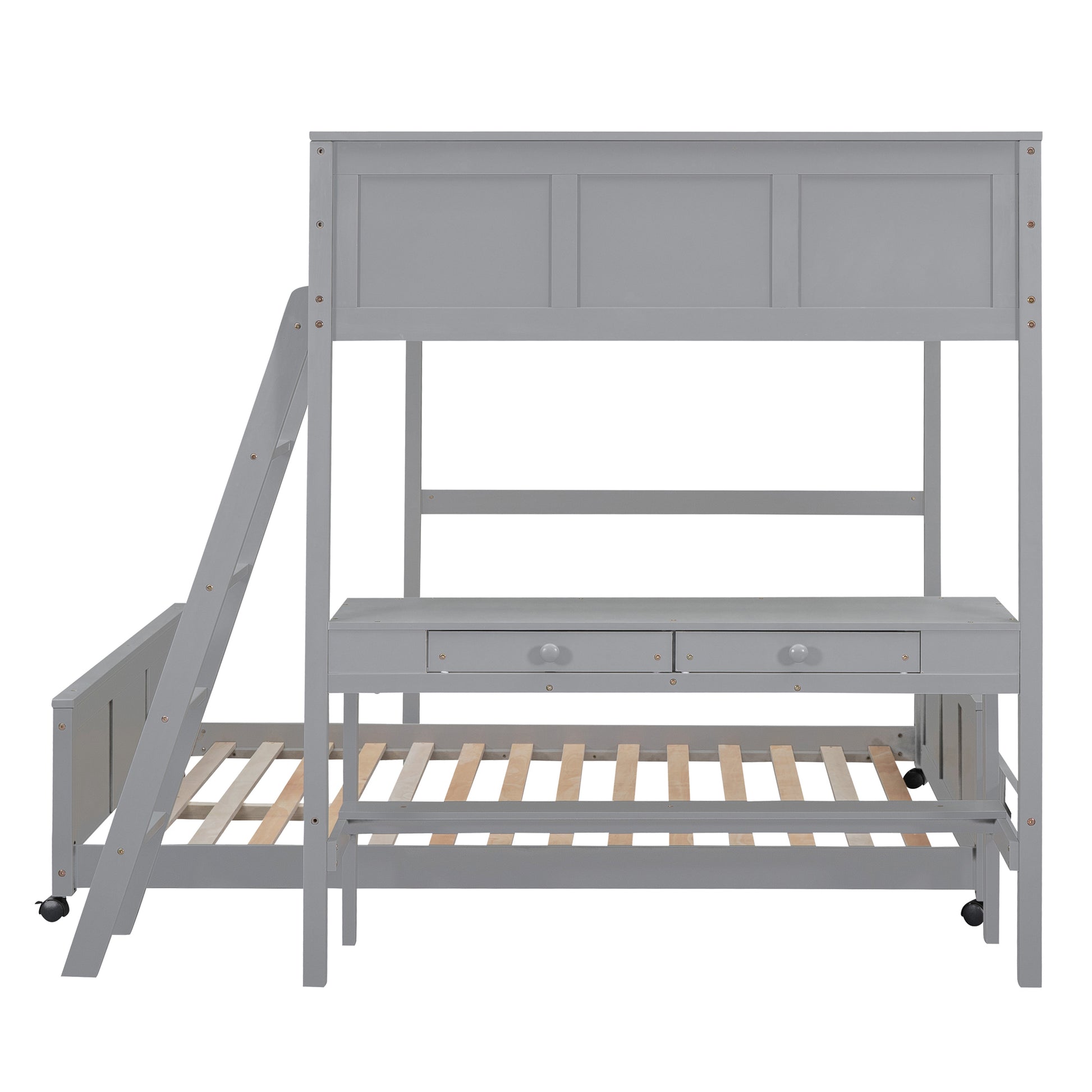 Full Over Full Bunk Bed With Desk, Gray Gray Solid Wood Mdf