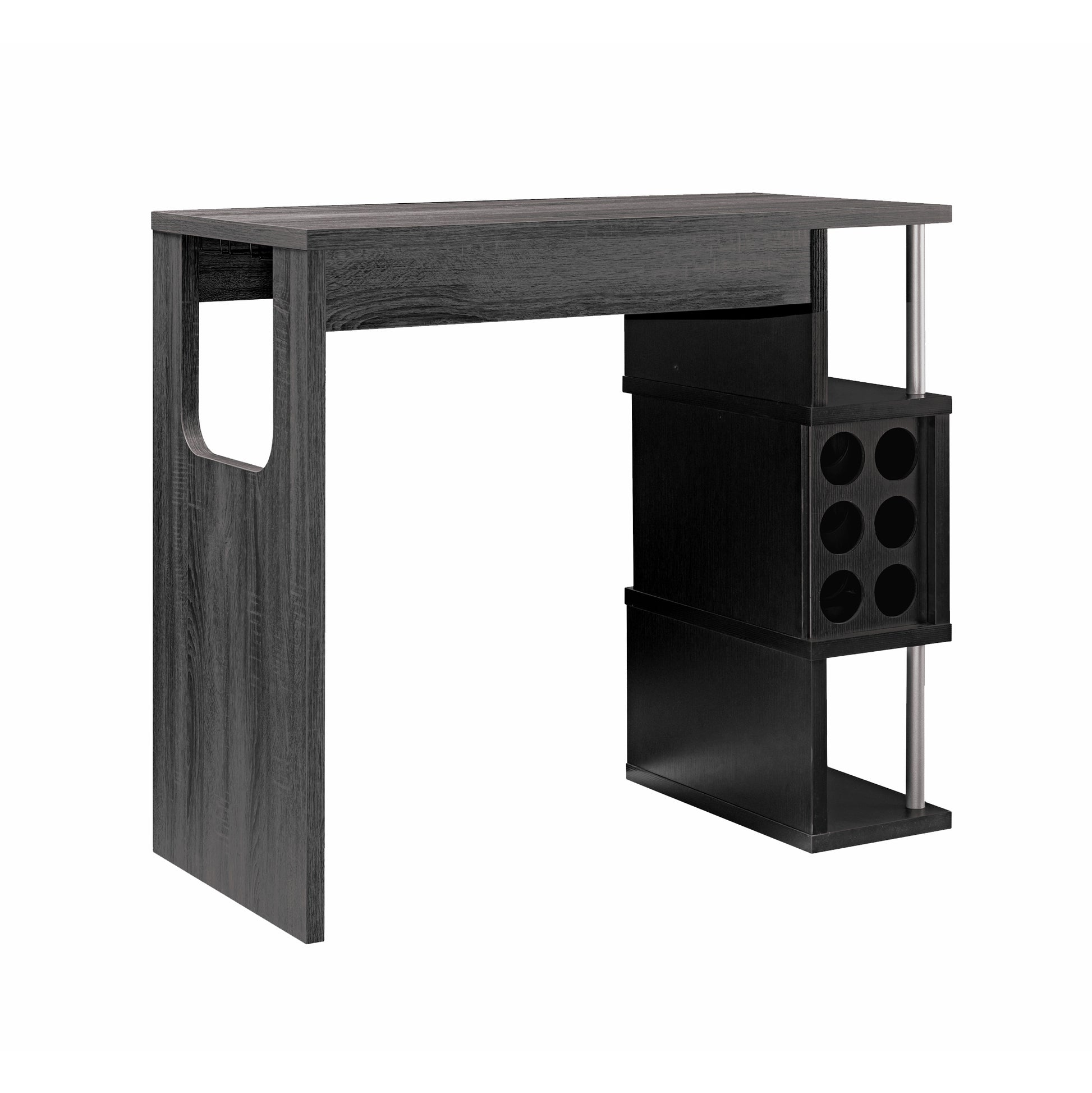 Home Bar Table With Wine Glass Compartment And Three Shelves In Distressed Grey & Black Grey Particle Board