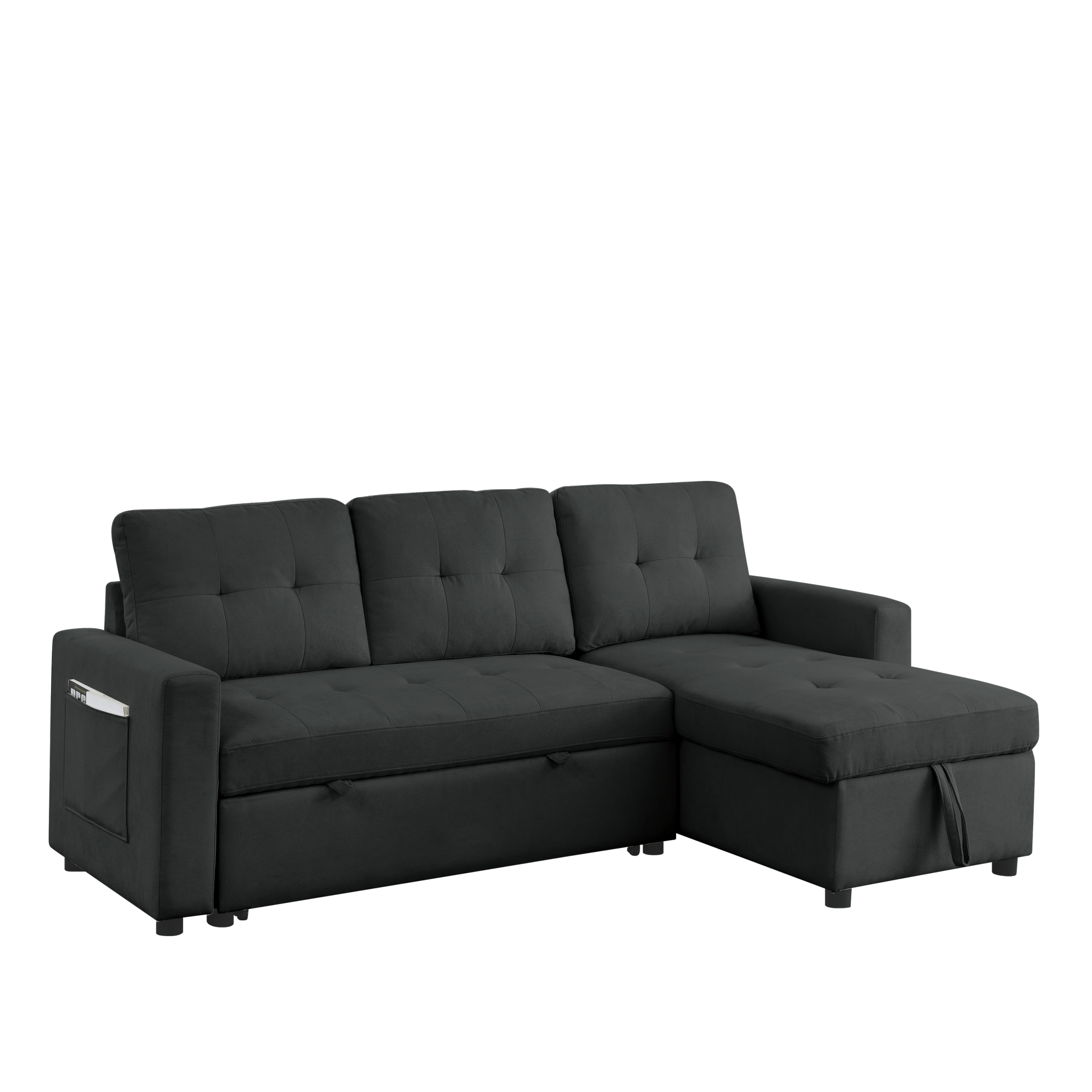 Mh 78.5" Sleeper Sofa Bed Reversible Sectional Couch With Storage Chaise And Side Storage Bag For Small Space Living Room Furniture Set Black Primary Living Space Eucalyptus Polyester Fabric