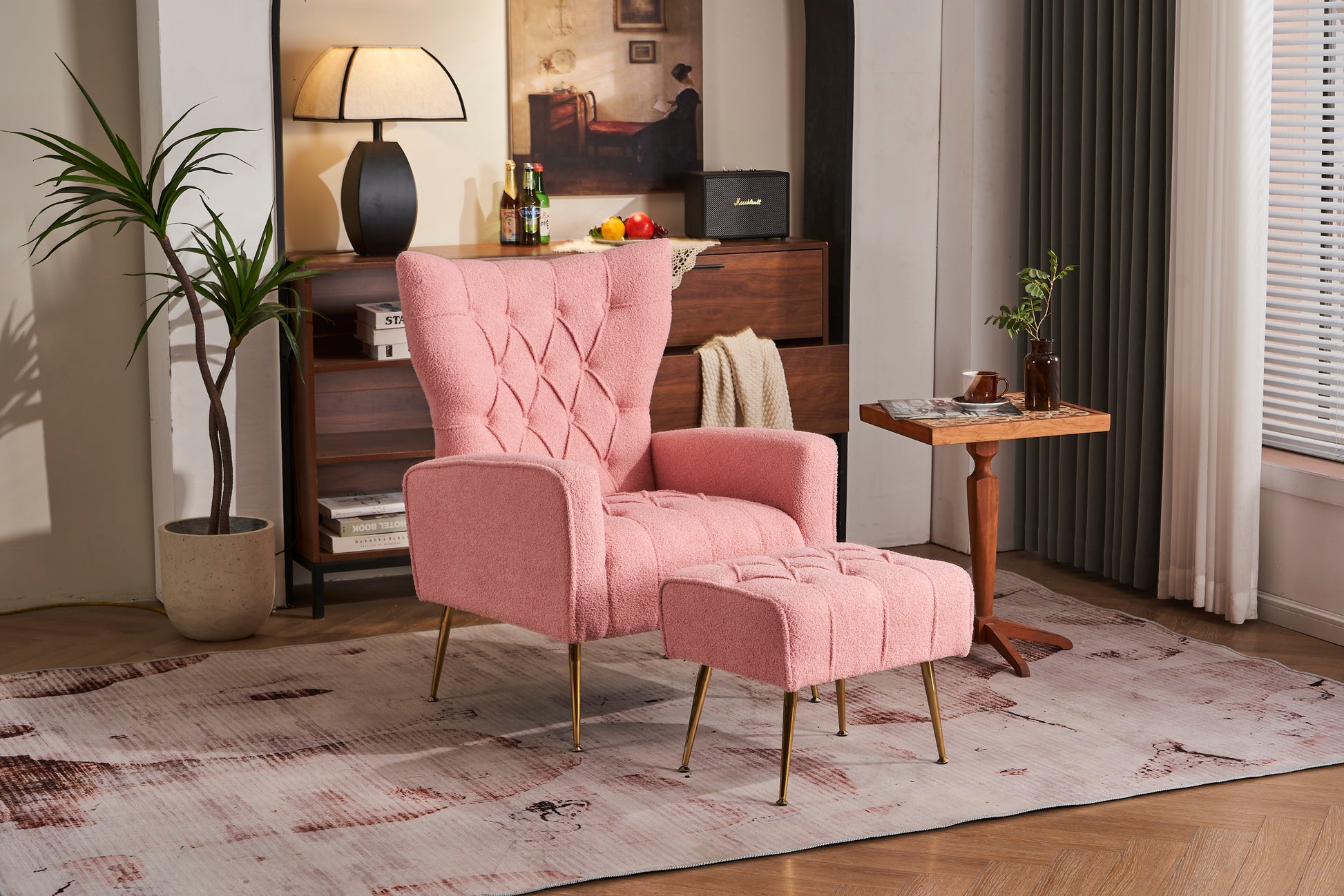 Modern Accent Chair With Ottoman, Comfy Armchair For Living Room, Bedroom, Apartment, Office Pink Pink Primary Living Space Classic Polyester