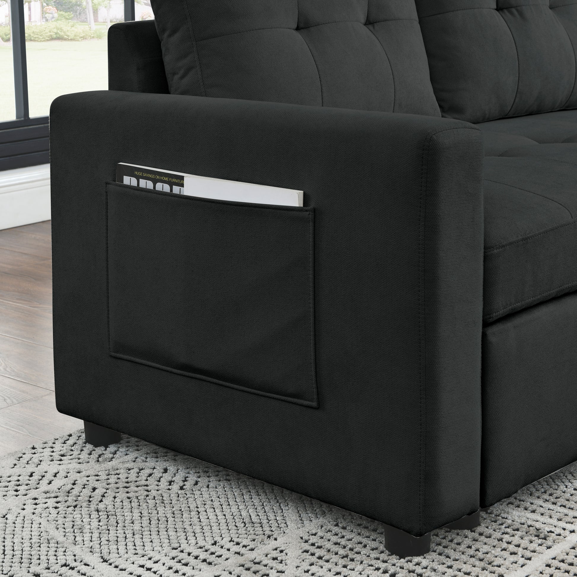 Mh 78.5" Sleeper Sofa Bed Reversible Sectional Couch With Storage Chaise And Side Storage Bag For Small Space Living Room Furniture Set Black Primary Living Space Eucalyptus Polyester Fabric