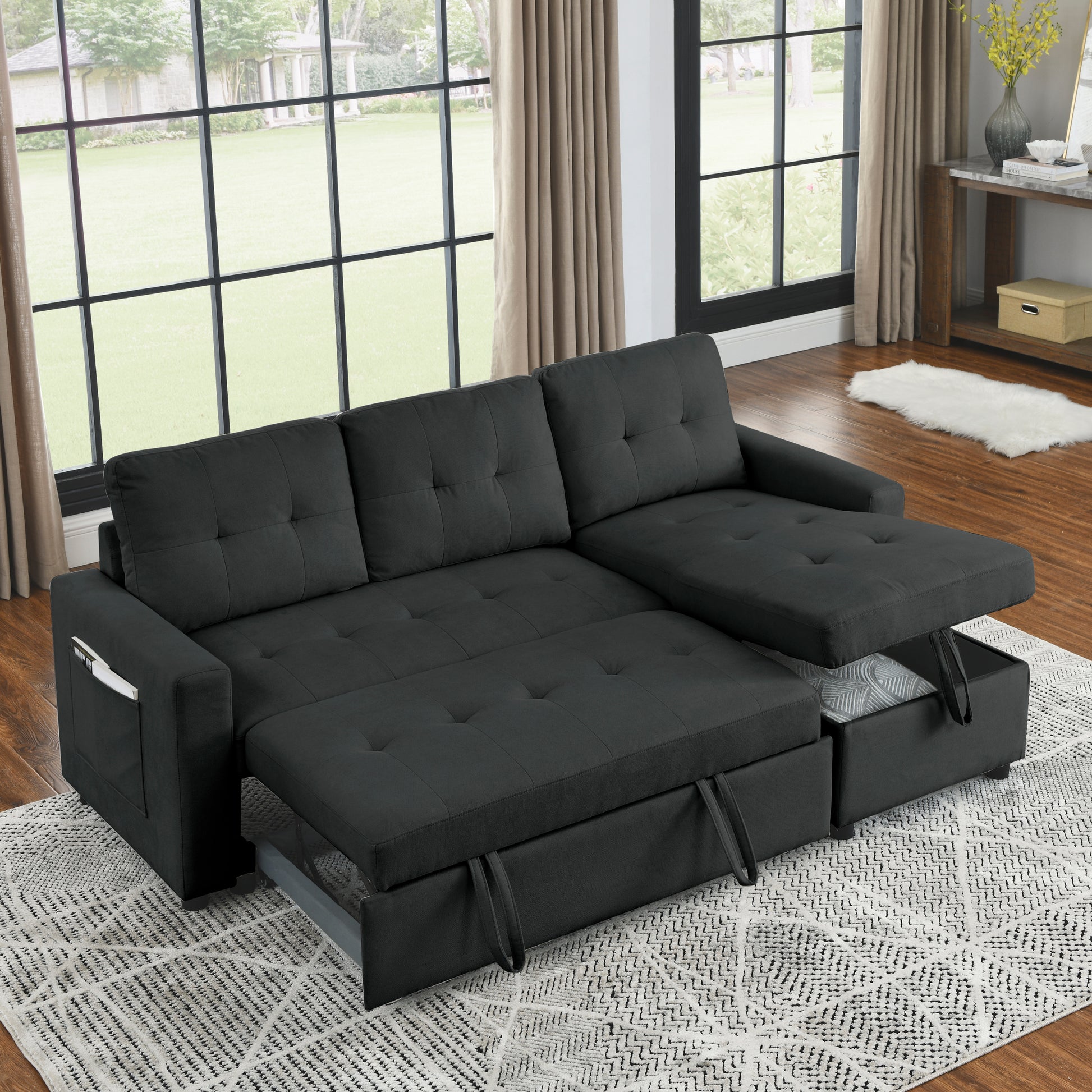 Mh 78.5" Sleeper Sofa Bed Reversible Sectional Couch With Storage Chaise And Side Storage Bag For Small Space Living Room Furniture Set Black Primary Living Space Eucalyptus Polyester Fabric