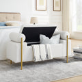 Elegant Upholstered Linen Storage Bench With Cylindrical Arms And Iron Legs For Hallway Living Room Bedroom, White White Linen Or Linen Blend Bedroom White Internal Storage Foam