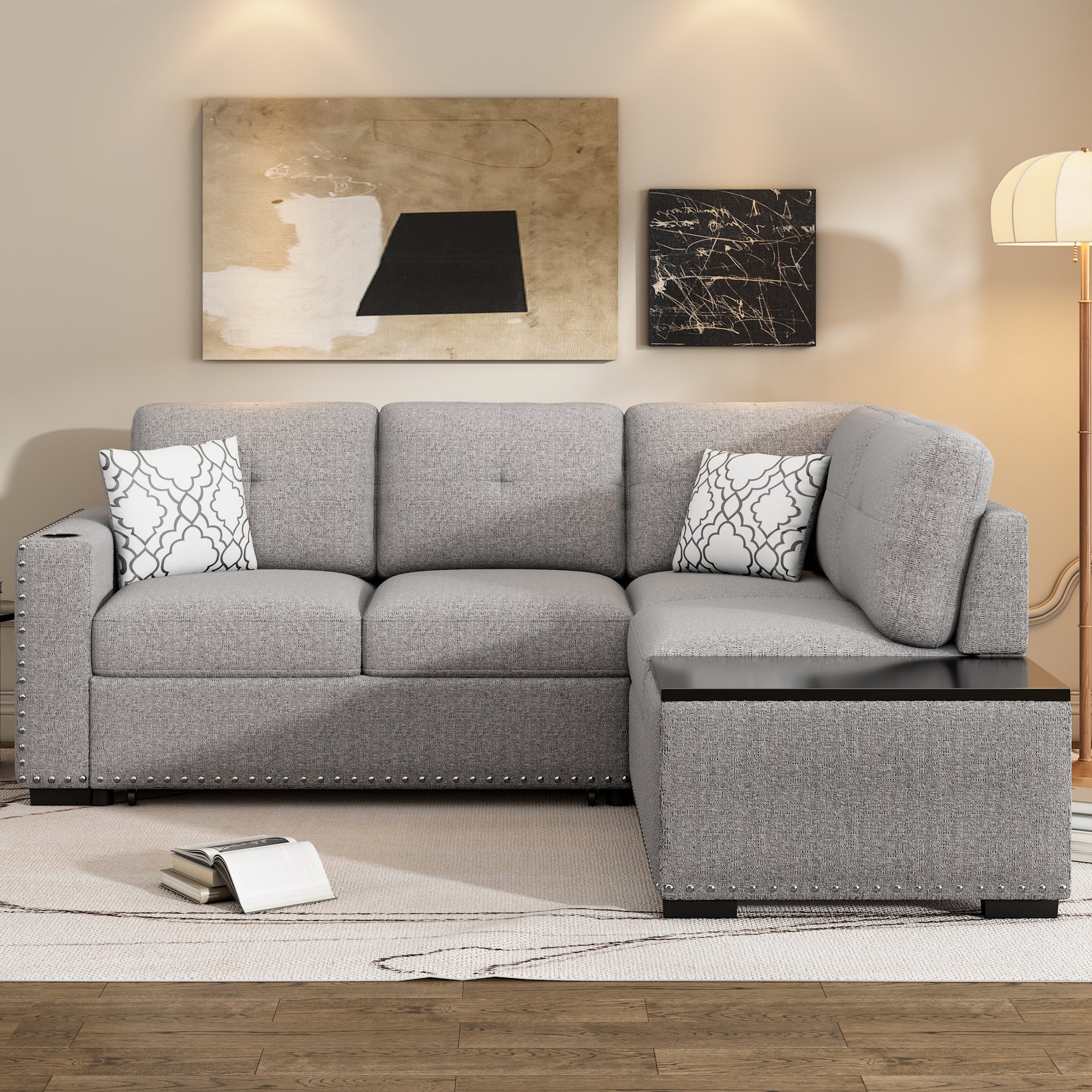 83.8" Sectional Pull Out Sofa Bed L Shaped Corner Sofa Couch With Storage Chaise, Usb Ports, Power Sockets, Cup Holder For Living Room, Bedroom, Study, Light Gray Light Grey Foam Chenille