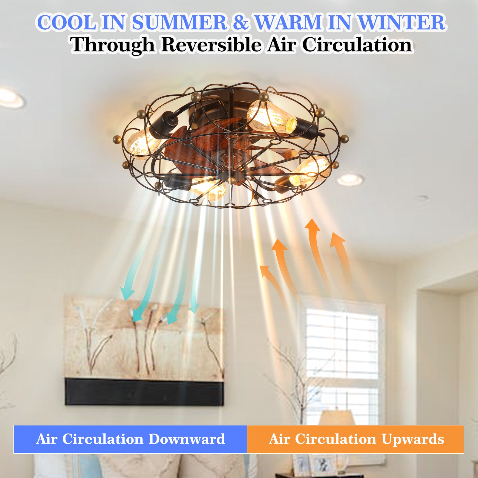 Low Profile Caged Ceiling Fan With Lights Remote Control, Embedded Modern Industrial Ceiling Fan Black Modern Abs