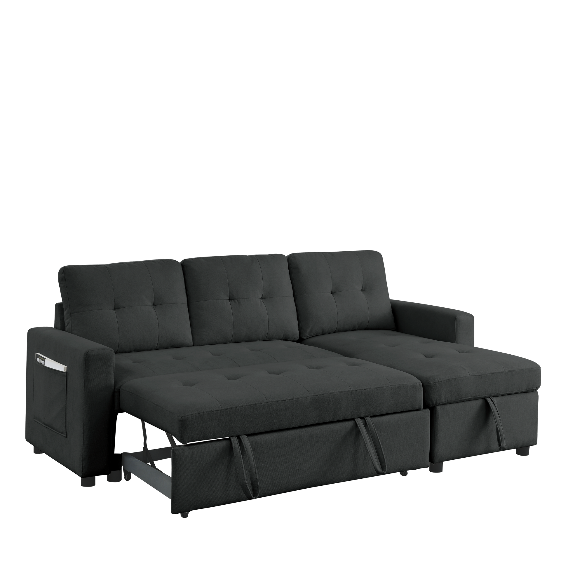 Mh 78.5" Sleeper Sofa Bed Reversible Sectional Couch With Storage Chaise And Side Storage Bag For Small Space Living Room Furniture Set Black Primary Living Space Eucalyptus Polyester Fabric