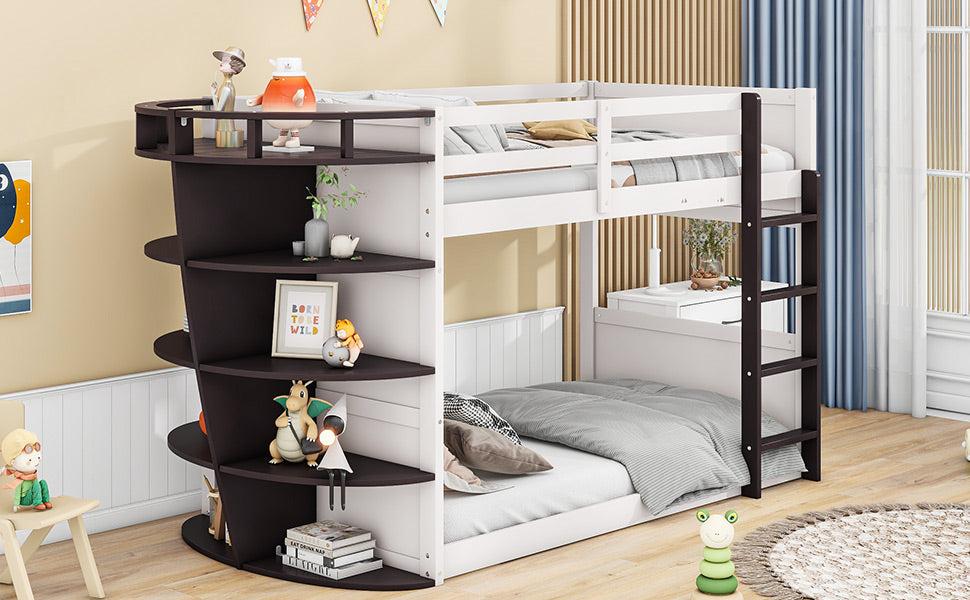 Twin Over Twin Boat Like Shape Bunk Bed With Storage Shelves, Cream Espresso Box Spring Not Required Twin Espresso Wood Bedroom Bunk Solid Wood Mdf