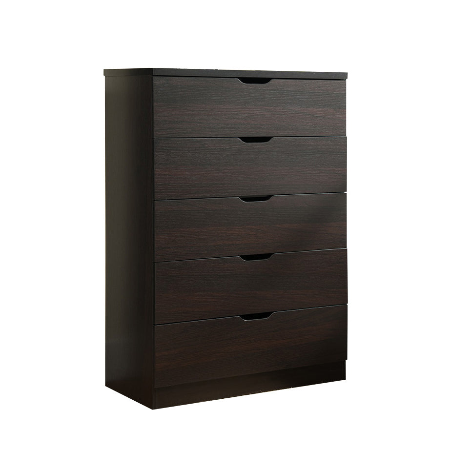 Five Drawer Clothes And Storage Chest Cabinet In Red Cocoa Chocolate Faux Wood Grain And Metal Glides Chocolate Particle Board Mdf