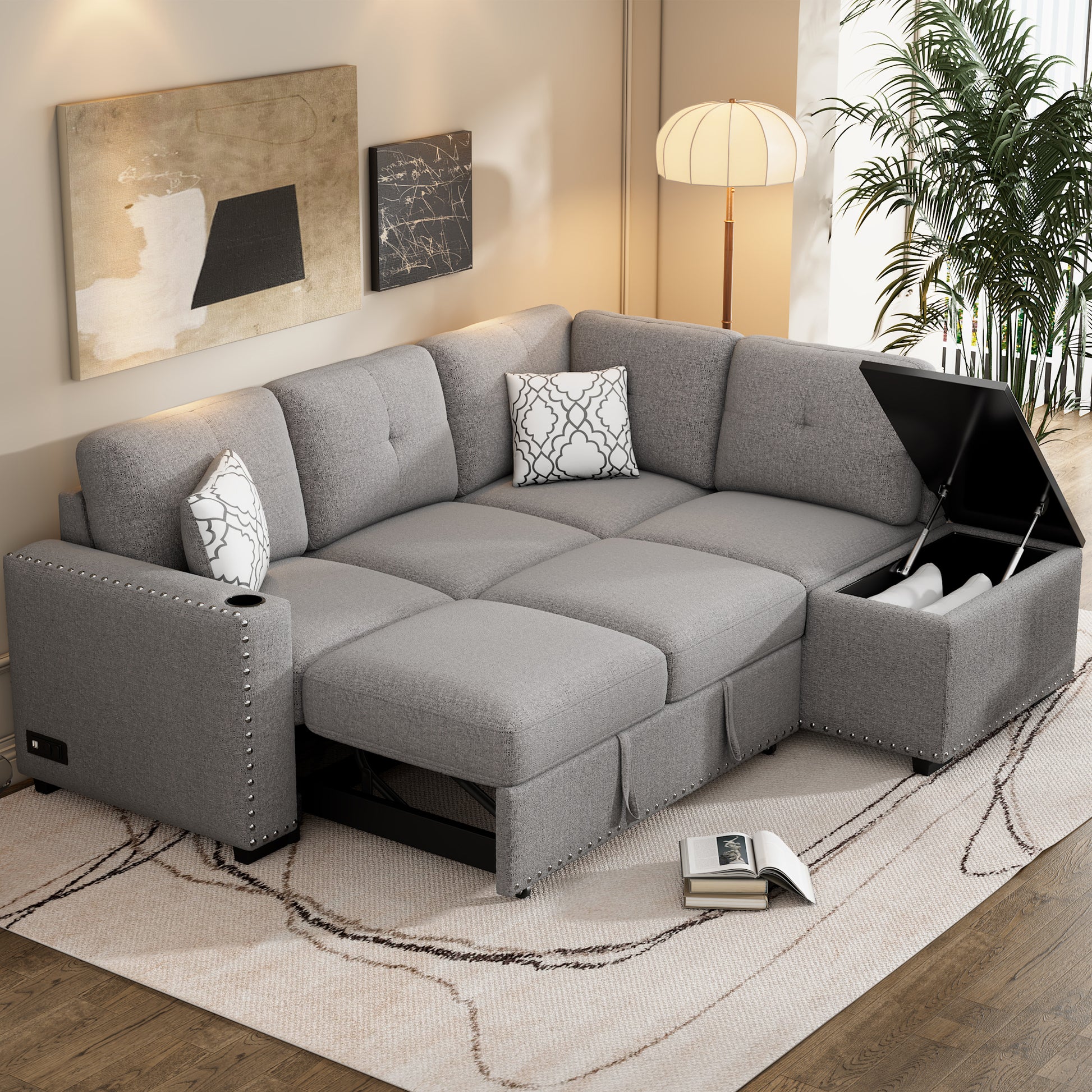 83.8" Sectional Pull Out Sofa Bed L Shaped Corner Sofa Couch With Storage Chaise, Usb Ports, Power Sockets, Cup Holder For Living Room, Bedroom, Study, Light Gray Light Grey Foam Chenille