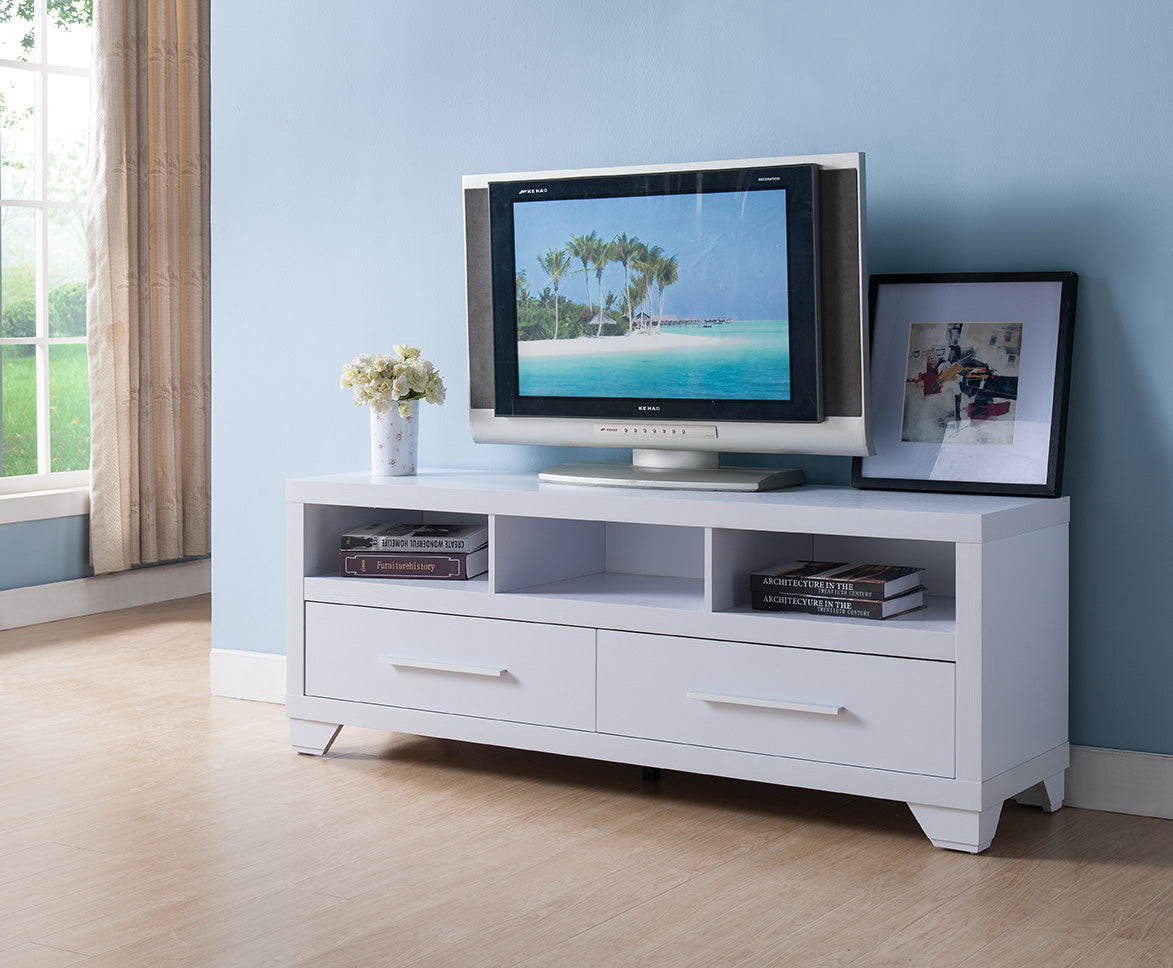 60" Tv Stand, Home Entertainment Console With 2 Drawers,3 Shelves In White White 50 59 Inches Particle Board