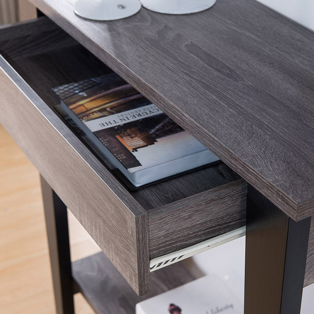 Home, Elegant Console Table, Display Table With Drawer And Bottom Shelf In Distressed Grey And Black Grey Particle Board