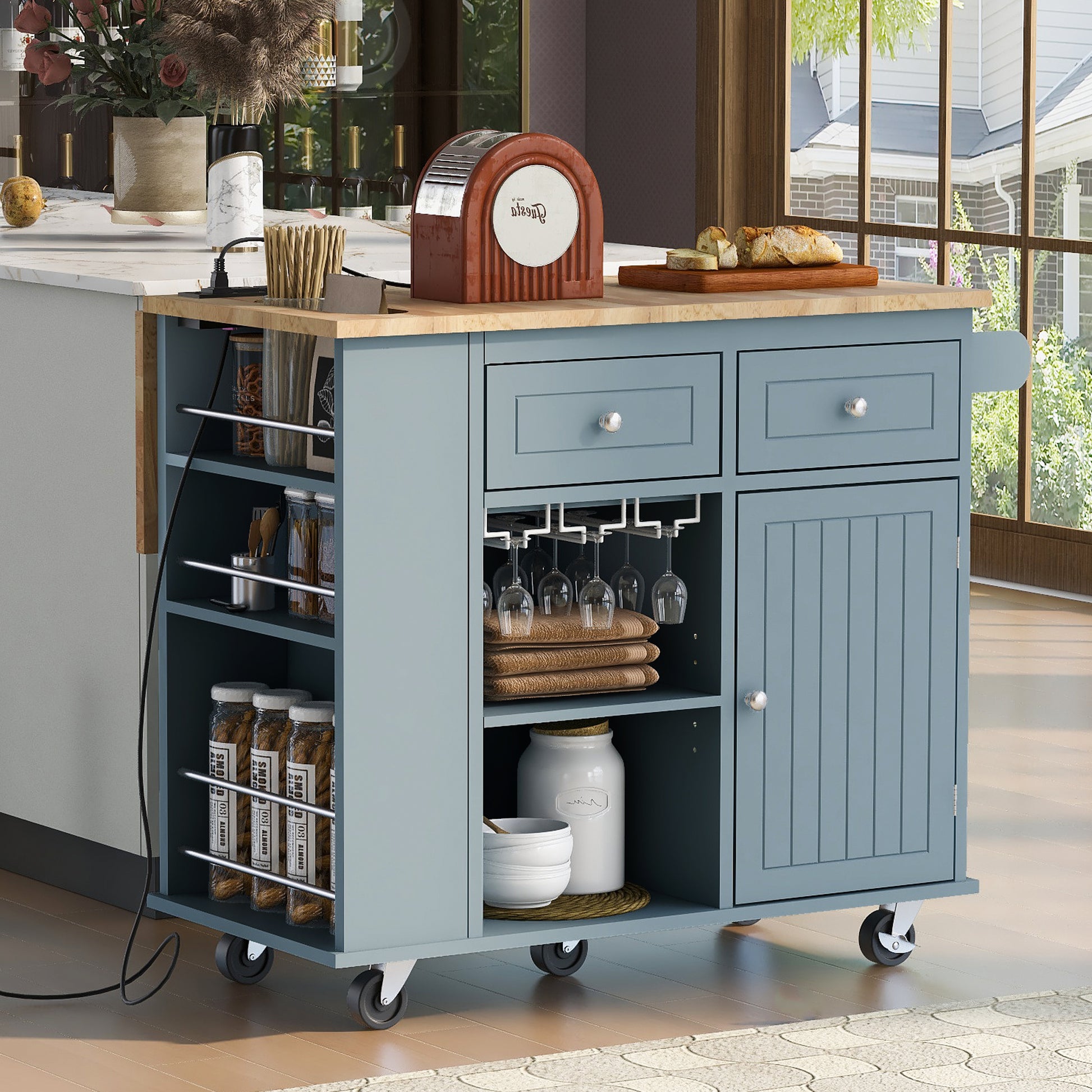 Kitchen Island with Power Outlet,Kitchen Storage blue-mdf