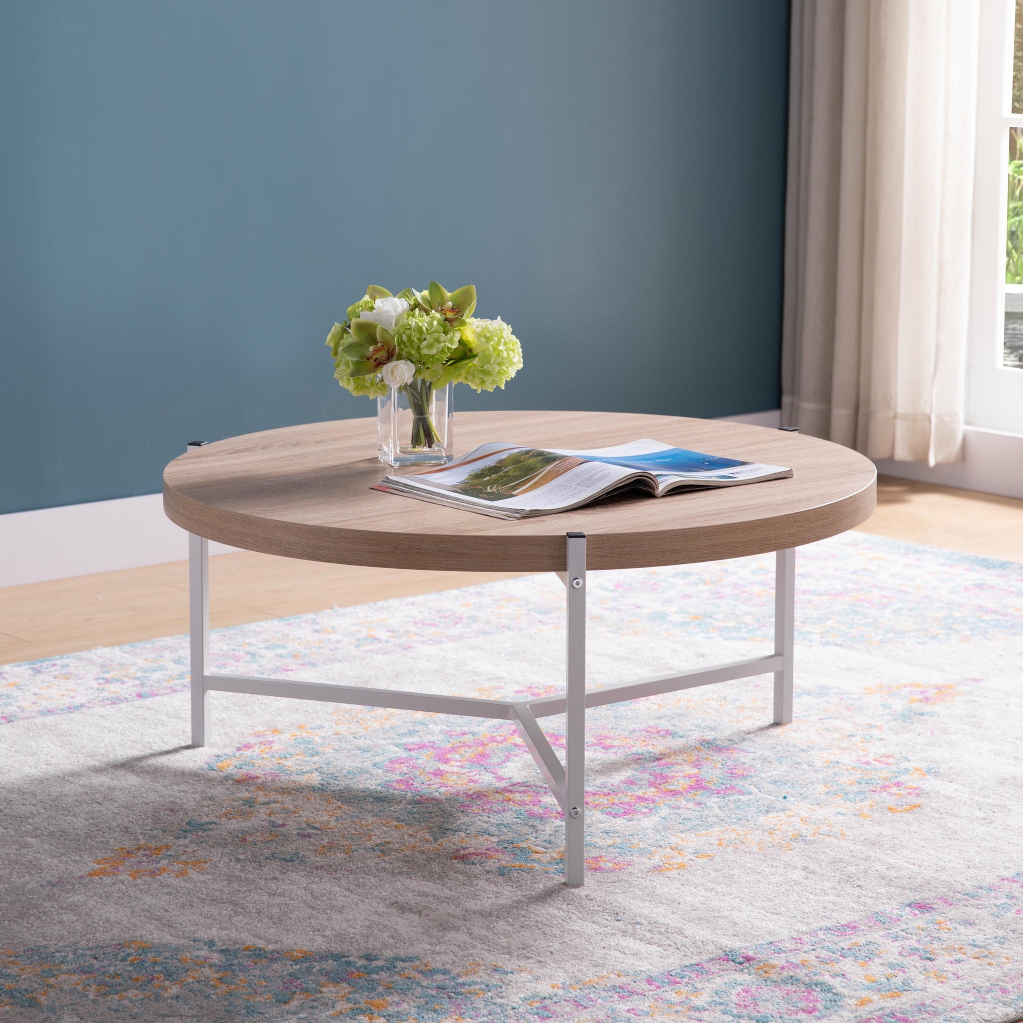 36.5" Round Coffee Table With White Metal Legs, Weathered White & White Natural Particle Board