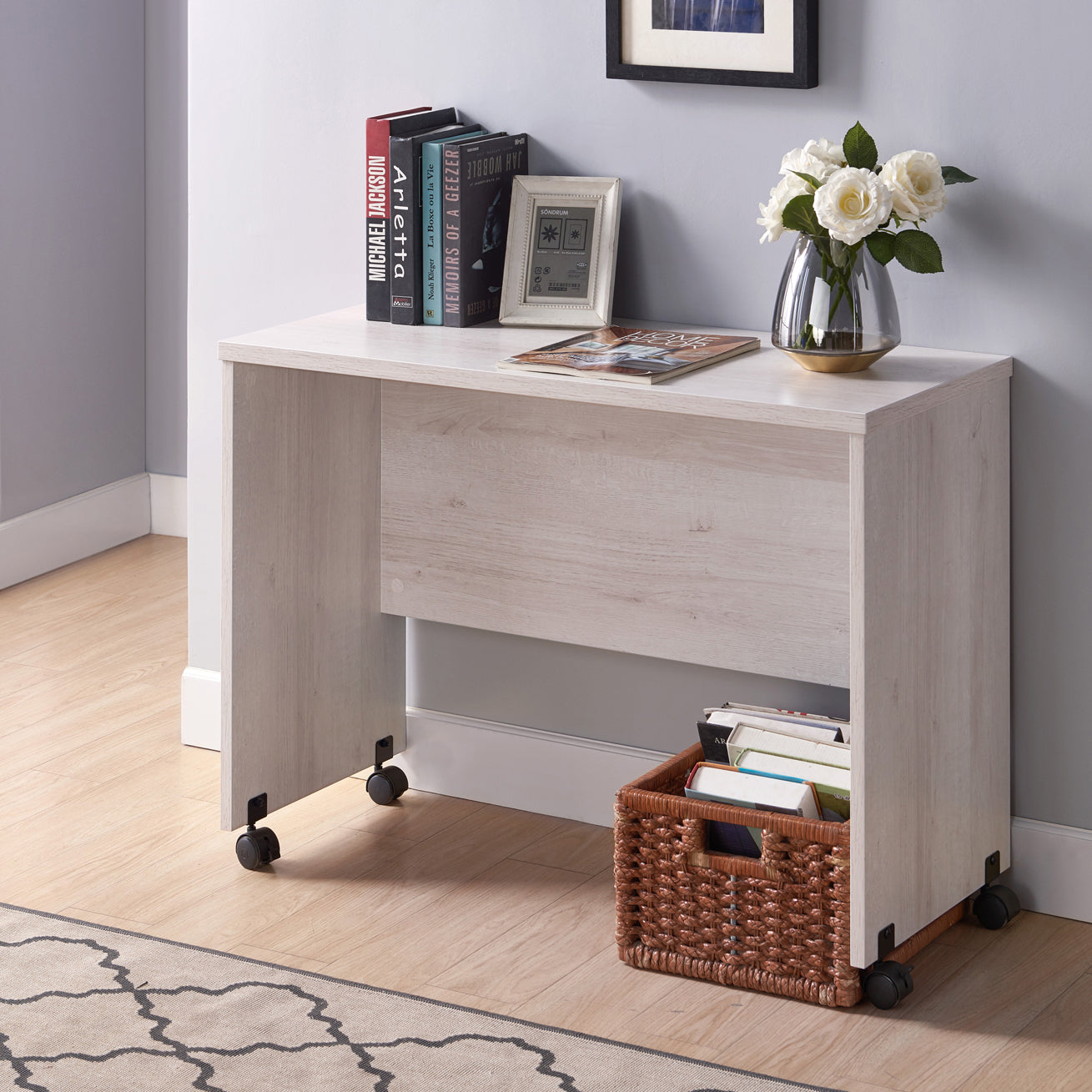 Mid Century Mobile Desk, White Oak White Oak Particle Board