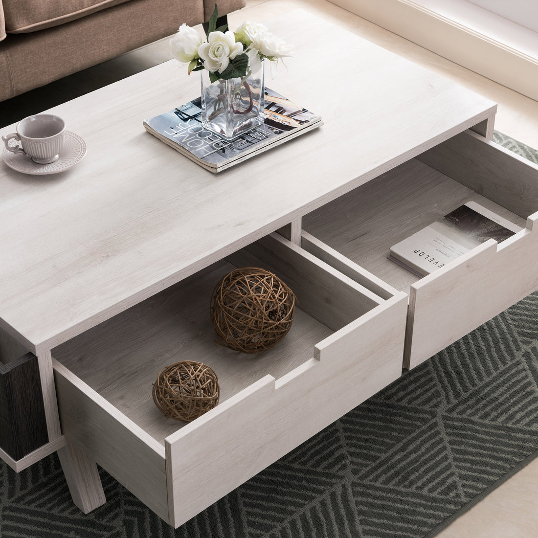 Antique Wood Coffee Table, Living Room Table With Two Storage Drawers, White Oak & Distressed White Oak Particle Board