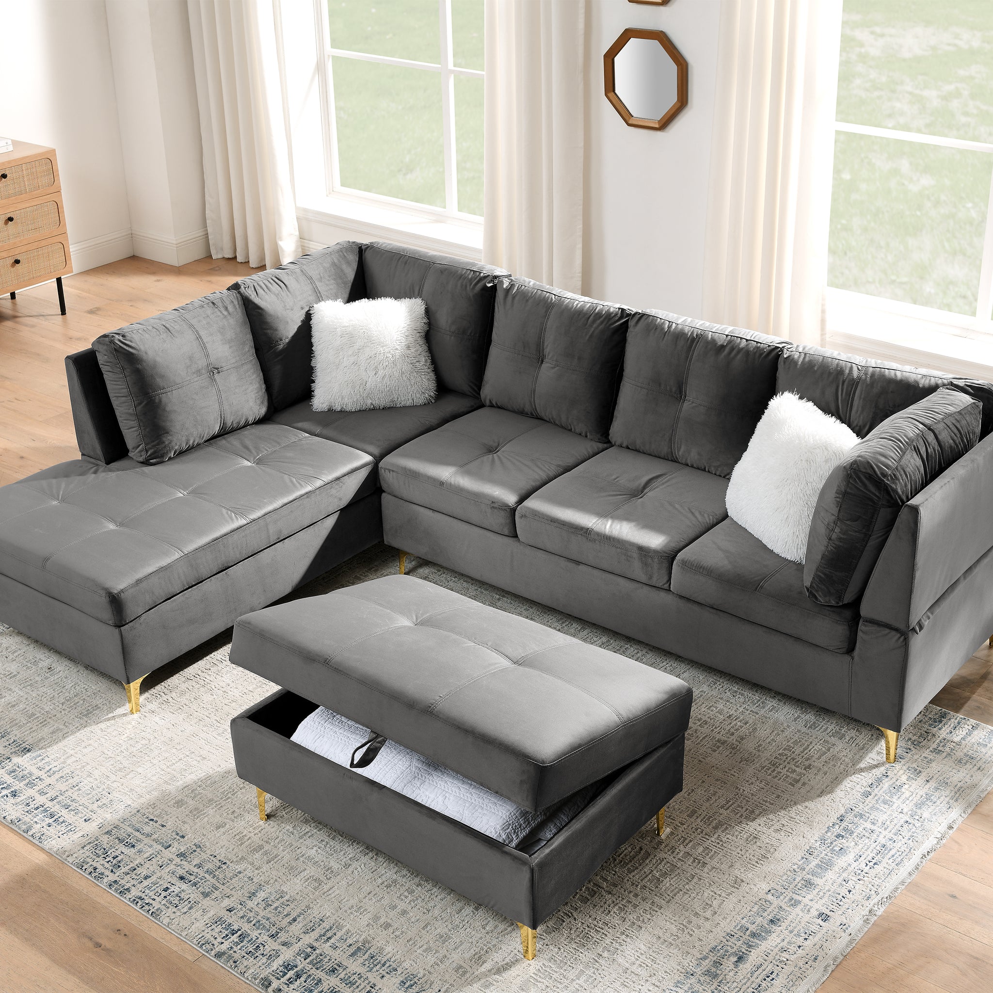 103" Velvet Sectional Sofa, L Shape Corner Couch With Storage Ottoman For Living Room, Gray Fabric, Pocket Coil Spring In Seats, Chaise Face Left Gray Velvet Wood Primary Living Space Medium Soft Pillow Back Classic L Shaped Pillow Top Arms Foam Velvet 6