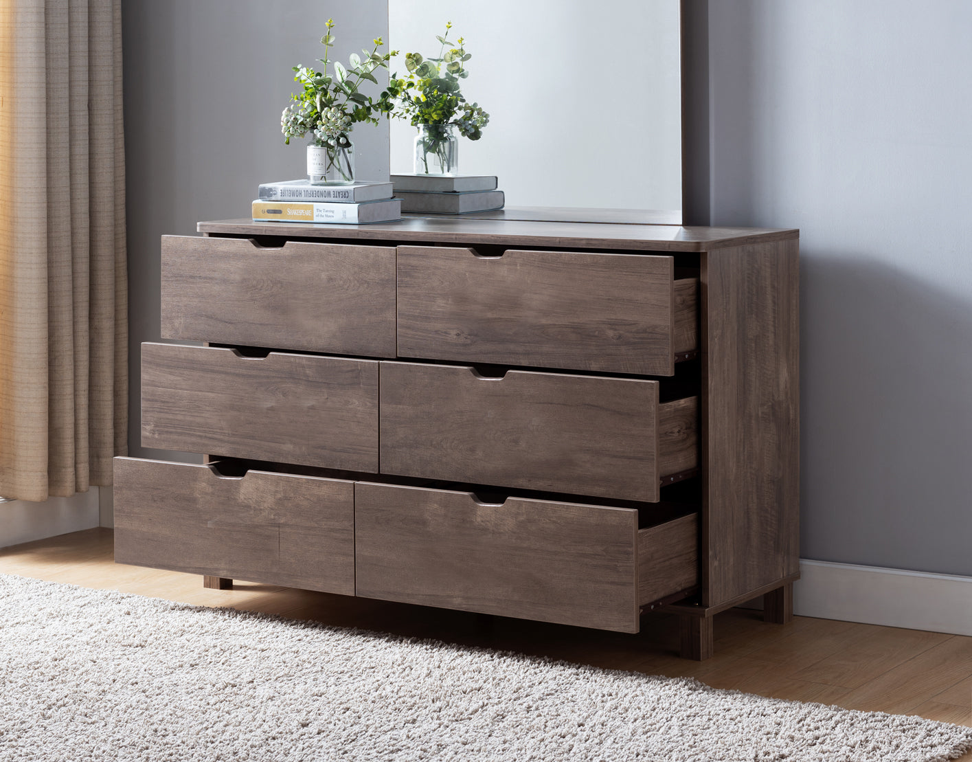 dresser with cut out handles Modern 5 Drawer Cutout Handle, Chest of Drawers, Storage Cabinet with for Living Room Hallway Entryway Home Office, 30.75''x 15.50''x 44'', Distressed Wood supported on round legs George Oliver 4-Drawer 45" Tall