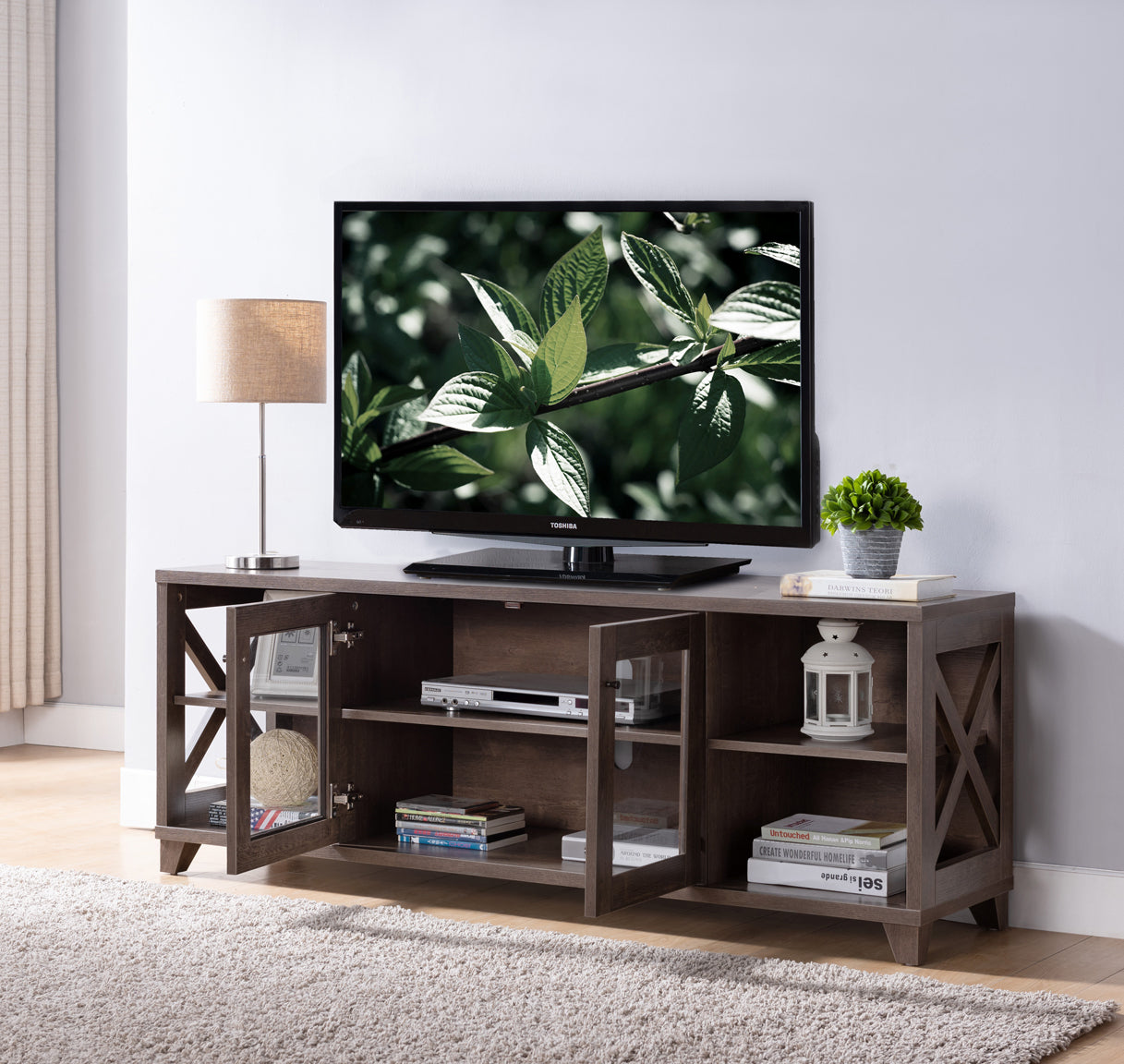 Home 60" Tv Stand With Four Side Shelves And Transparent Center Storage Cabinet In Walnut Oak Walnut 50 59 Inches Particle Board