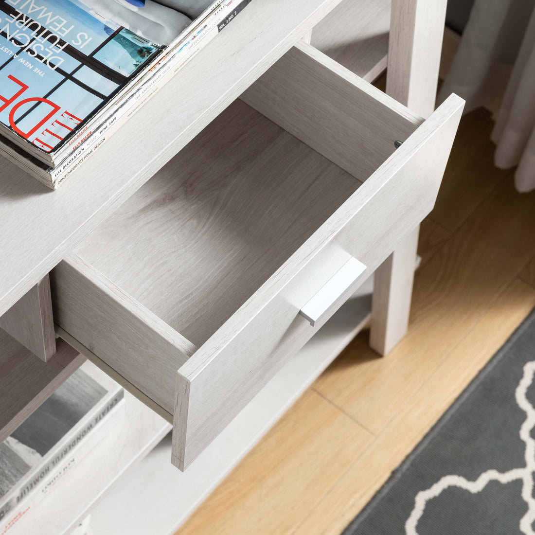 Modern Home Display Cabinet 4 Tier Open Shelving With Center Drawer In White Oak White Oak Particle Board