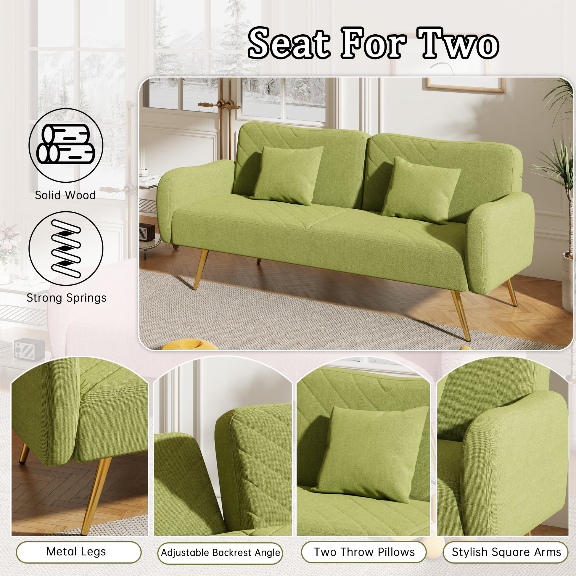 70.47" Green Fabric Double Sofa With Split Backrest And Two Throw Pillows,Suitable For Living Room, Apartment, Home Office Green Wood Primary Living Space Eucalyptus Square Arms Foam Fabric 2 Seat