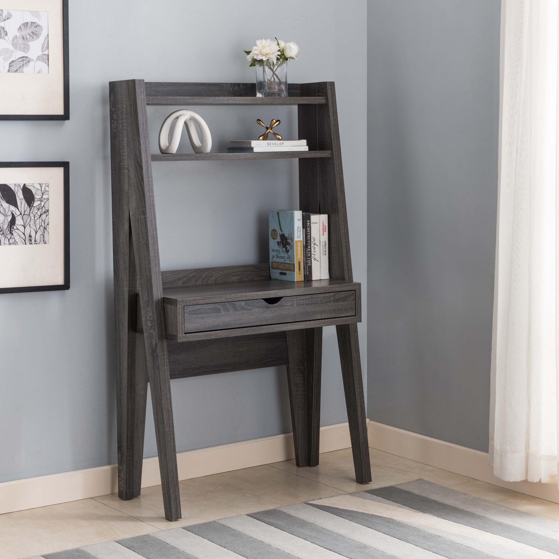 Home Office Laptop Desk, Writing Desk With Drawer, Two Top Shelves, Distressed Grey Grey Particle Board