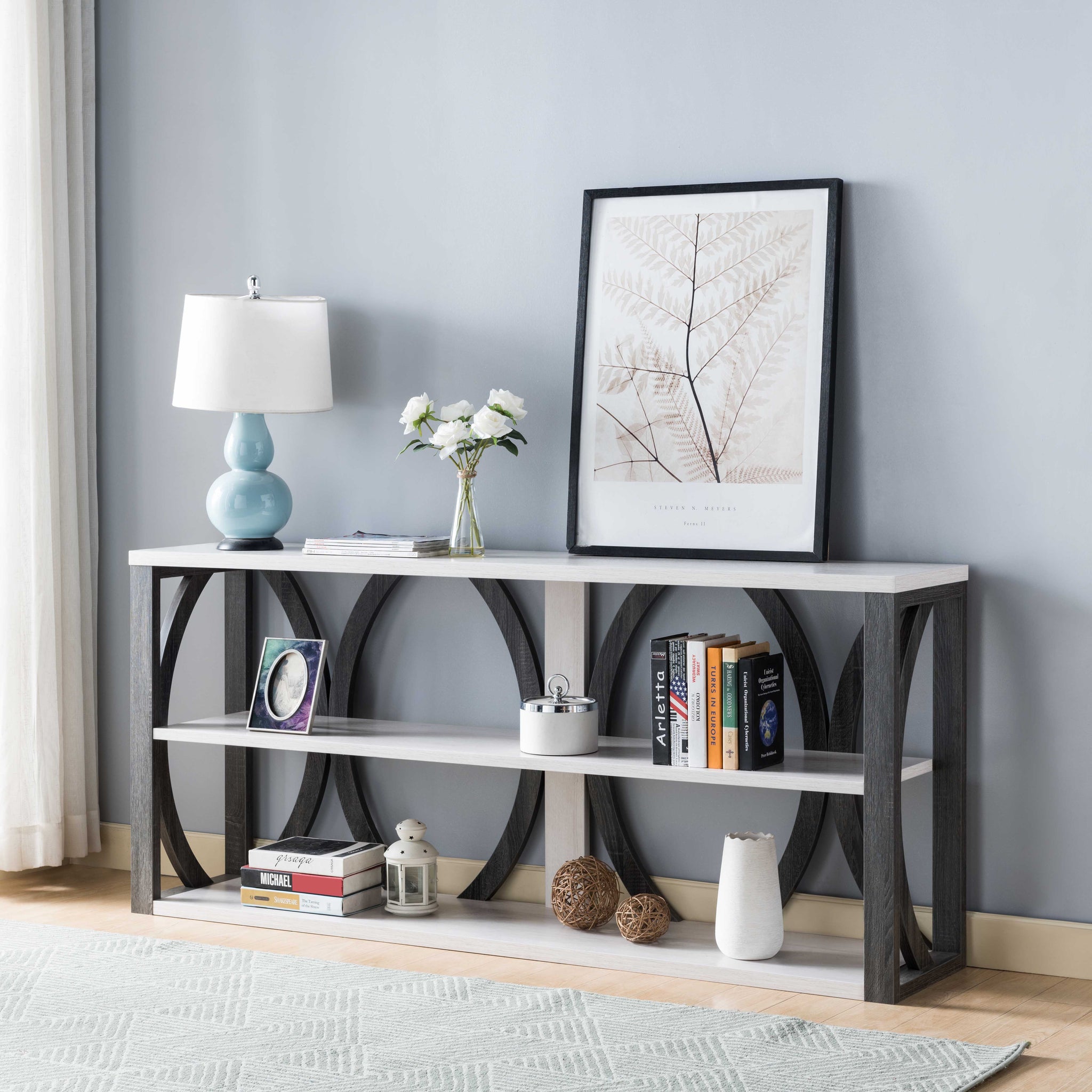 Modern Console Table With Three Open Shelves Grey And White White Oak Particle Board