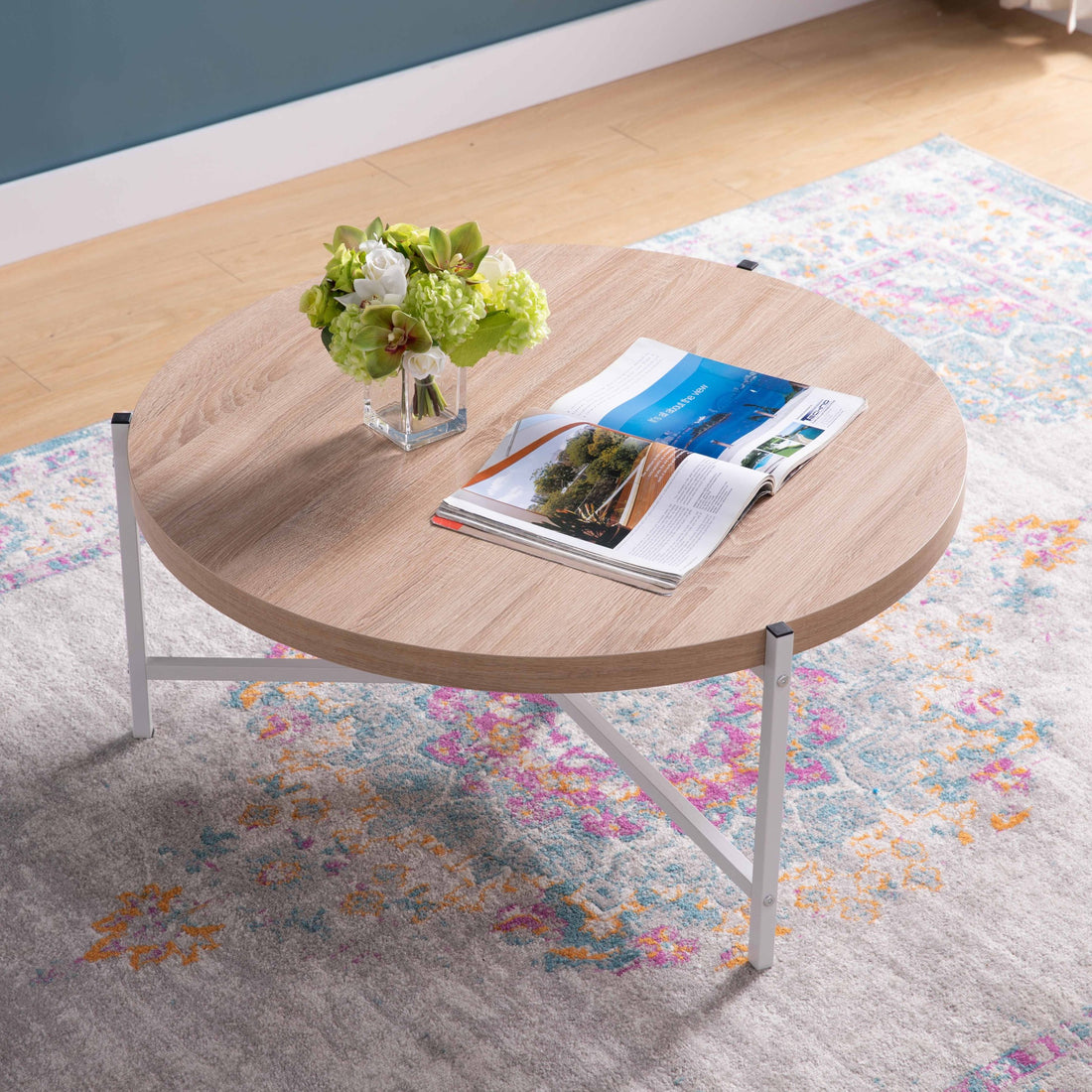 36.5" Round Coffee Table With White Metal Legs, Weathered White & White Natural Particle Board