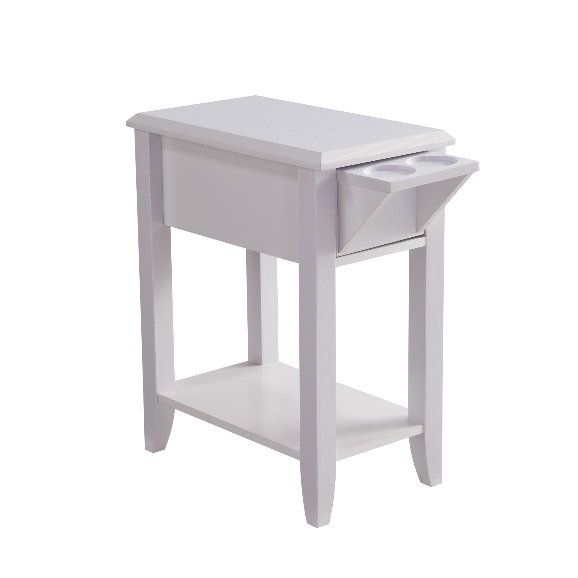 White Modern Chairside Table With Two Cup Holders, Display Accent Table White Particle Board