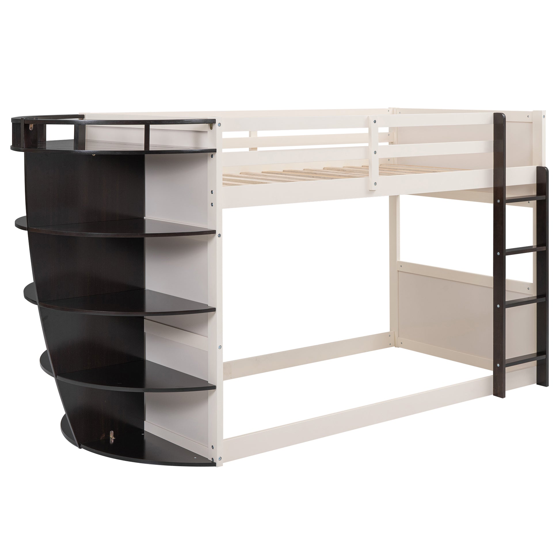 Twin Over Twin Boat Like Shape Bunk Bed With Storage Shelves, Cream Espresso Box Spring Not Required Twin Espresso Wood Bedroom Bunk Solid Wood Mdf