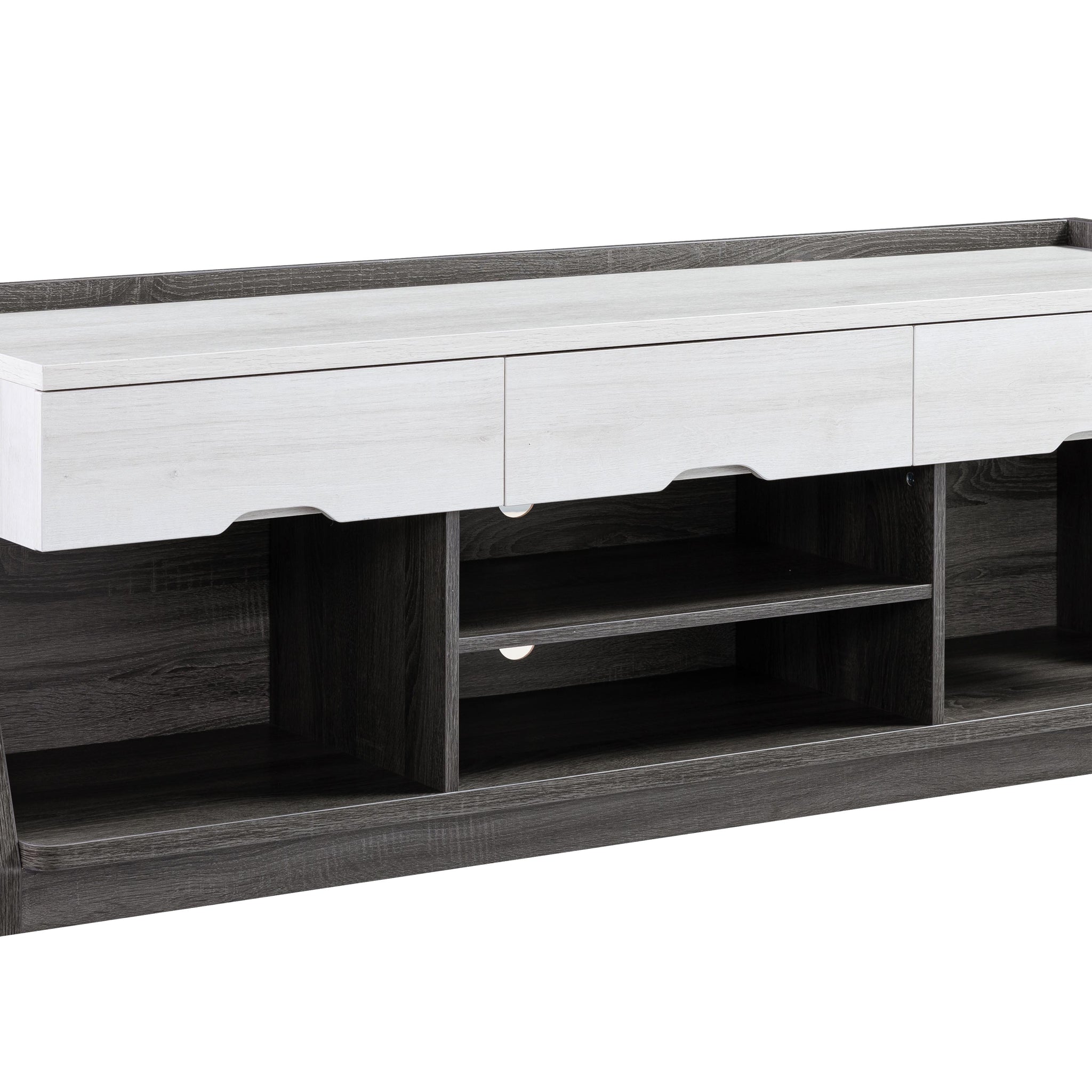 62 Inch Tv Console With 3 Drawers, 4 Shelves For Storage In White Oak & Distressed Grey White Oak 60 69 Inches Particle Board