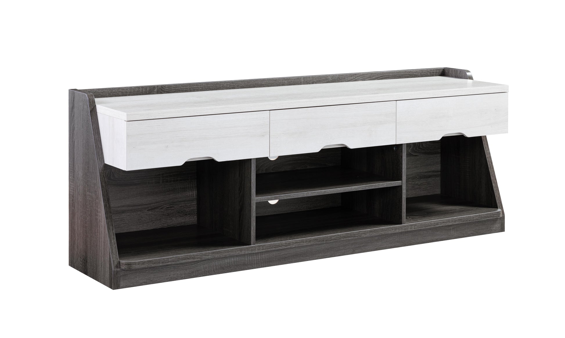 62 Inch Tv Console With 3 Drawers, 4 Shelves For Storage In White Oak & Distressed Grey White Oak 60 69 Inches Particle Board