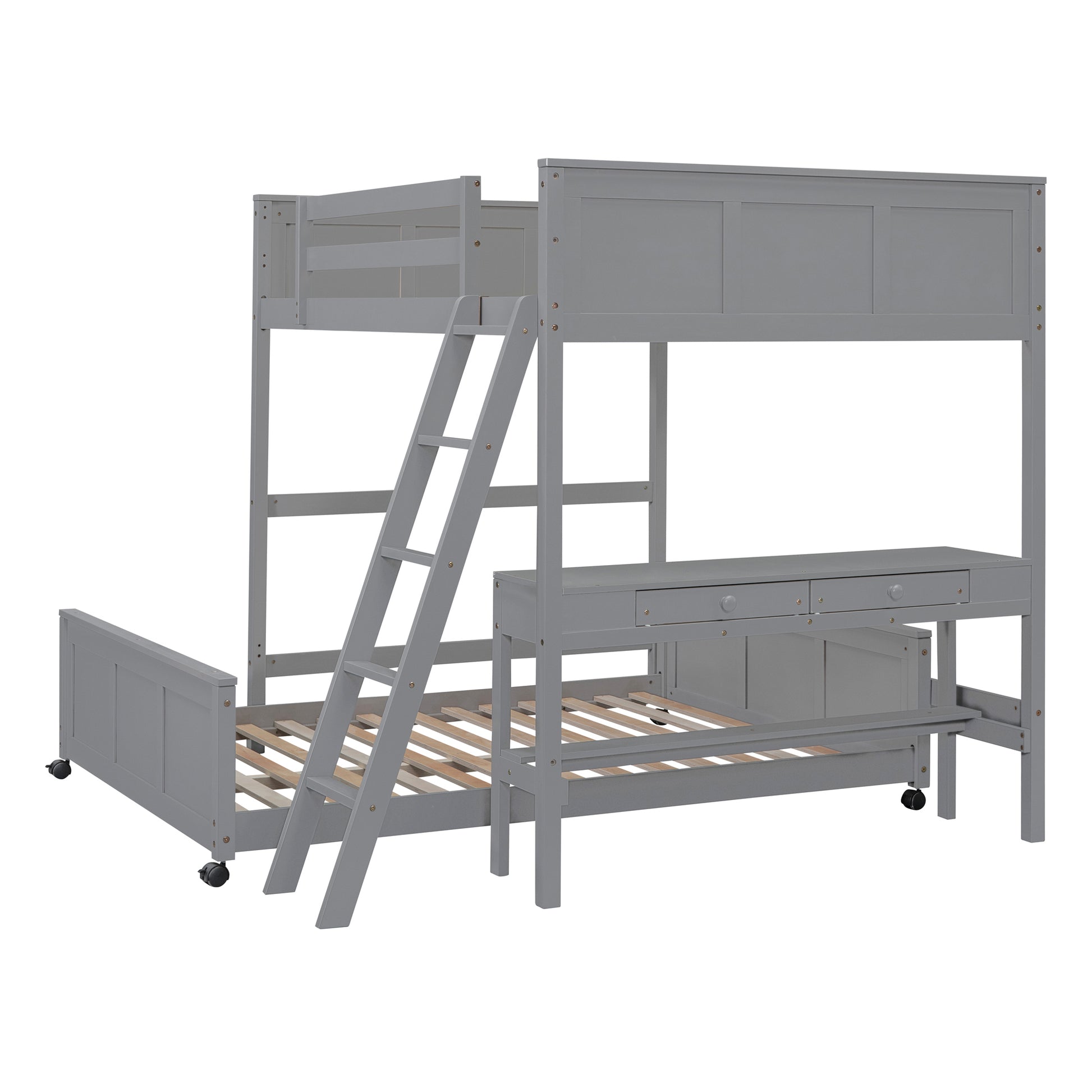 Full Over Full Bunk Bed With Desk, Gray Gray Solid Wood Mdf