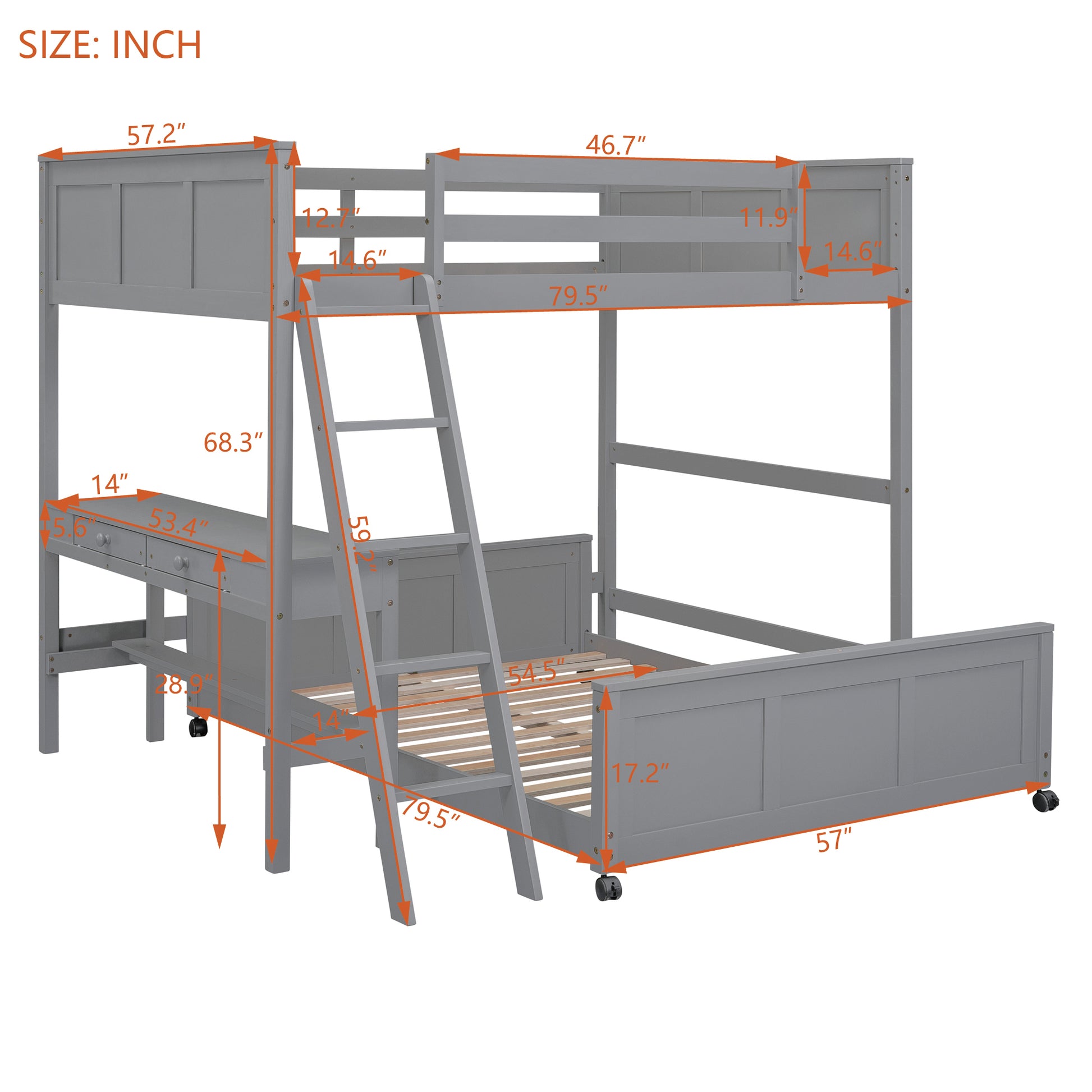 Full Over Full Bunk Bed With Desk, Gray Gray Solid Wood Mdf