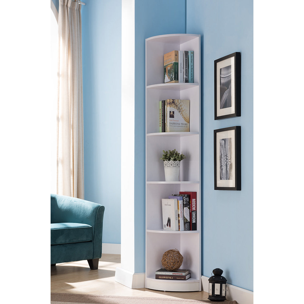 White Corner Bookcase, Display Cabinet With Five