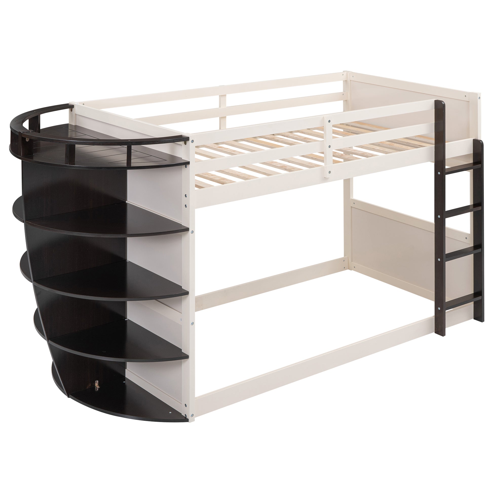 Twin Over Twin Boat Like Shape Bunk Bed With Storage Shelves, Cream Espresso Box Spring Not Required Twin Espresso Wood Bedroom Bunk Solid Wood Mdf