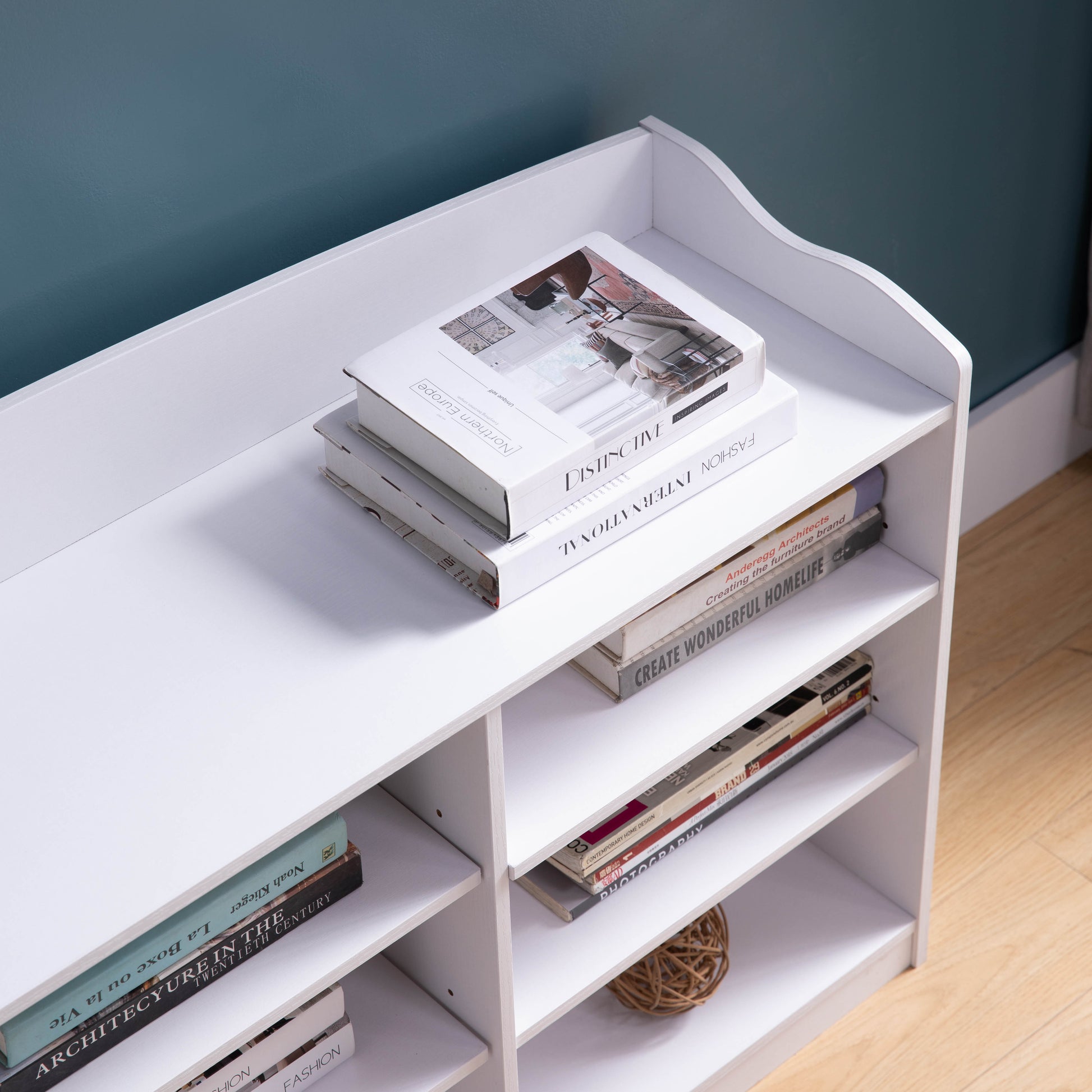 White Shoe Storage Bench, Nine Storage Shelves, Entryway Organizer White Particle Board