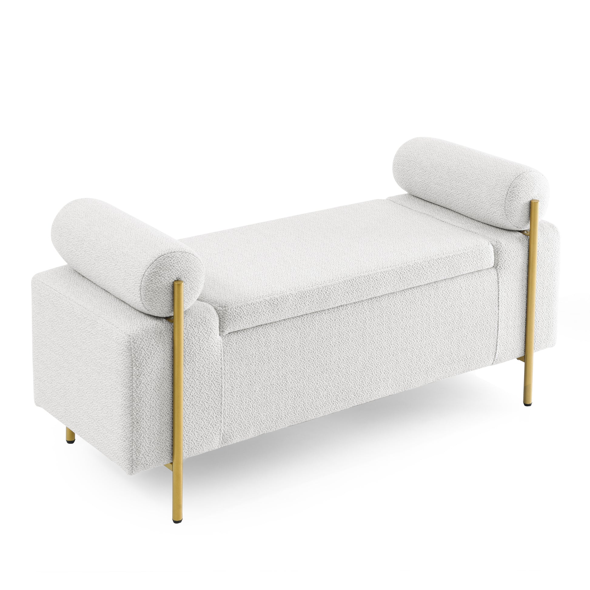 Elegant Upholstered Linen Storage Bench With Cylindrical Arms And Iron Legs For Hallway Living Room Bedroom, White White Linen Or Linen Blend Bedroom White Internal Storage Foam