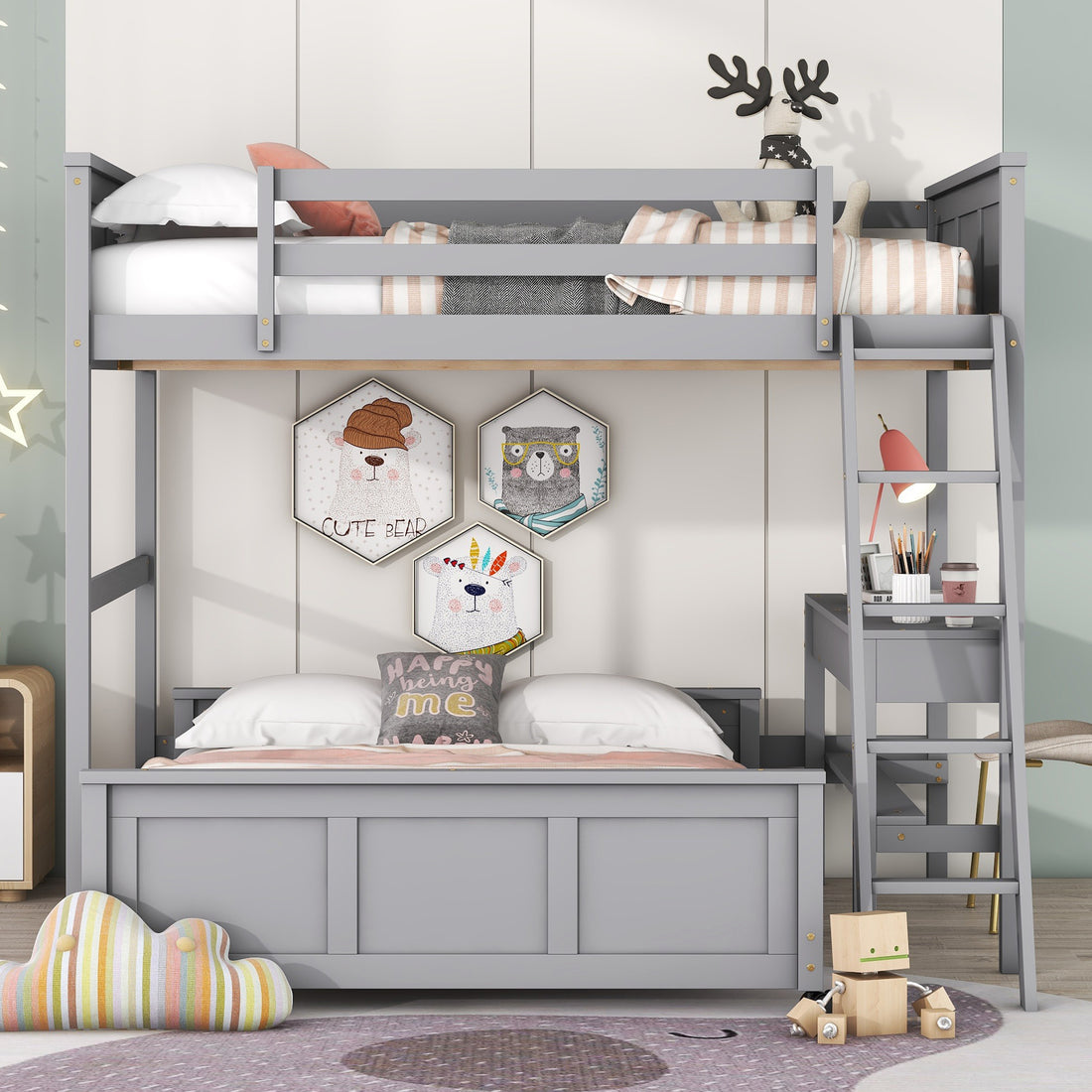 Full Over Full Bunk Bed With Desk, Gray Gray Solid Wood Mdf