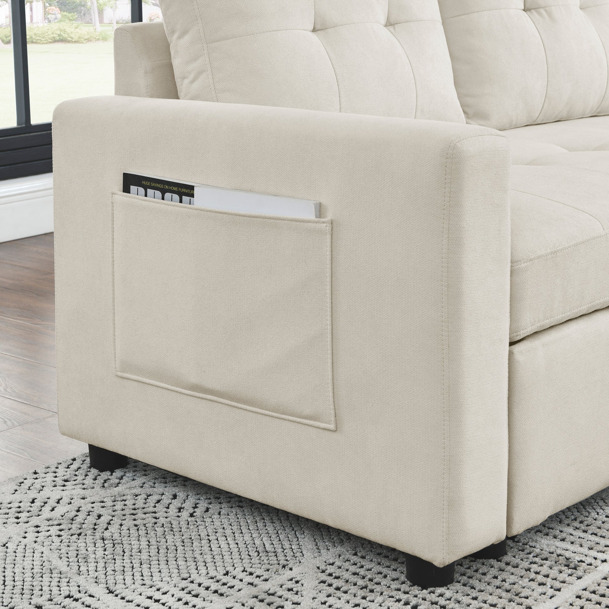 Mh 78.5" Sleeper Sofa Bed Reversible Sectional Couch With Storage Chaise And Side Storage Bag For Small Space Living Room Furniture Set Beige Primary Living Space Eucalyptus Polyester Fabric 3 Seat